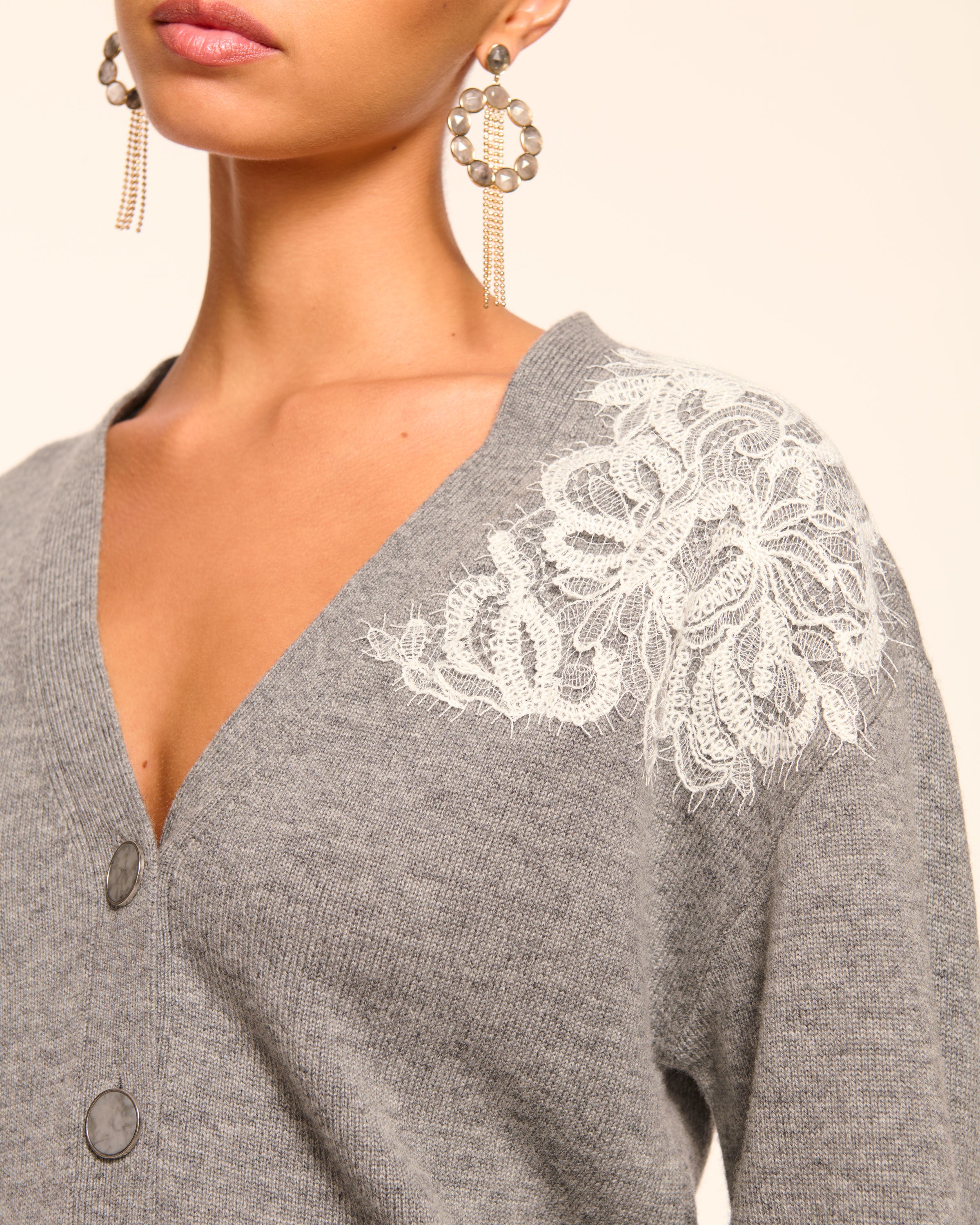 Perry Wool Embellished Cardigan Sweater in heather grey | Ramy Brook