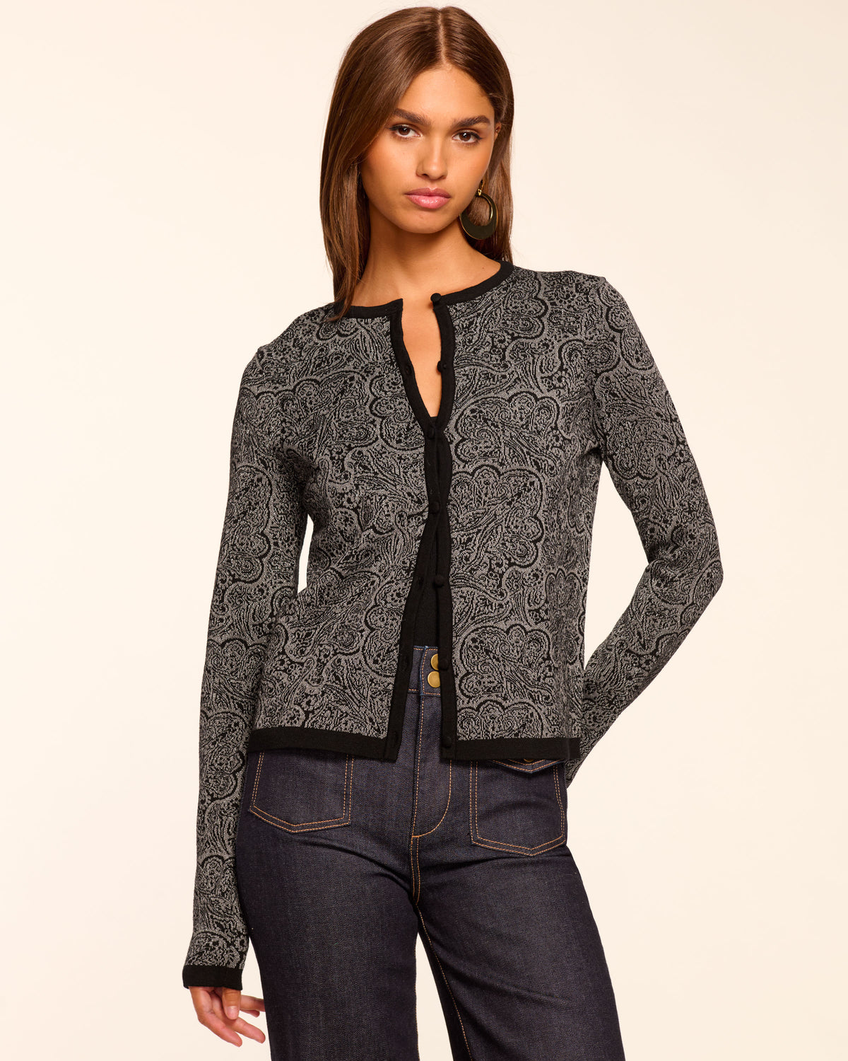 Tricia Metallic Cardigan Sweater in platinum jacquard | Ramy Brook