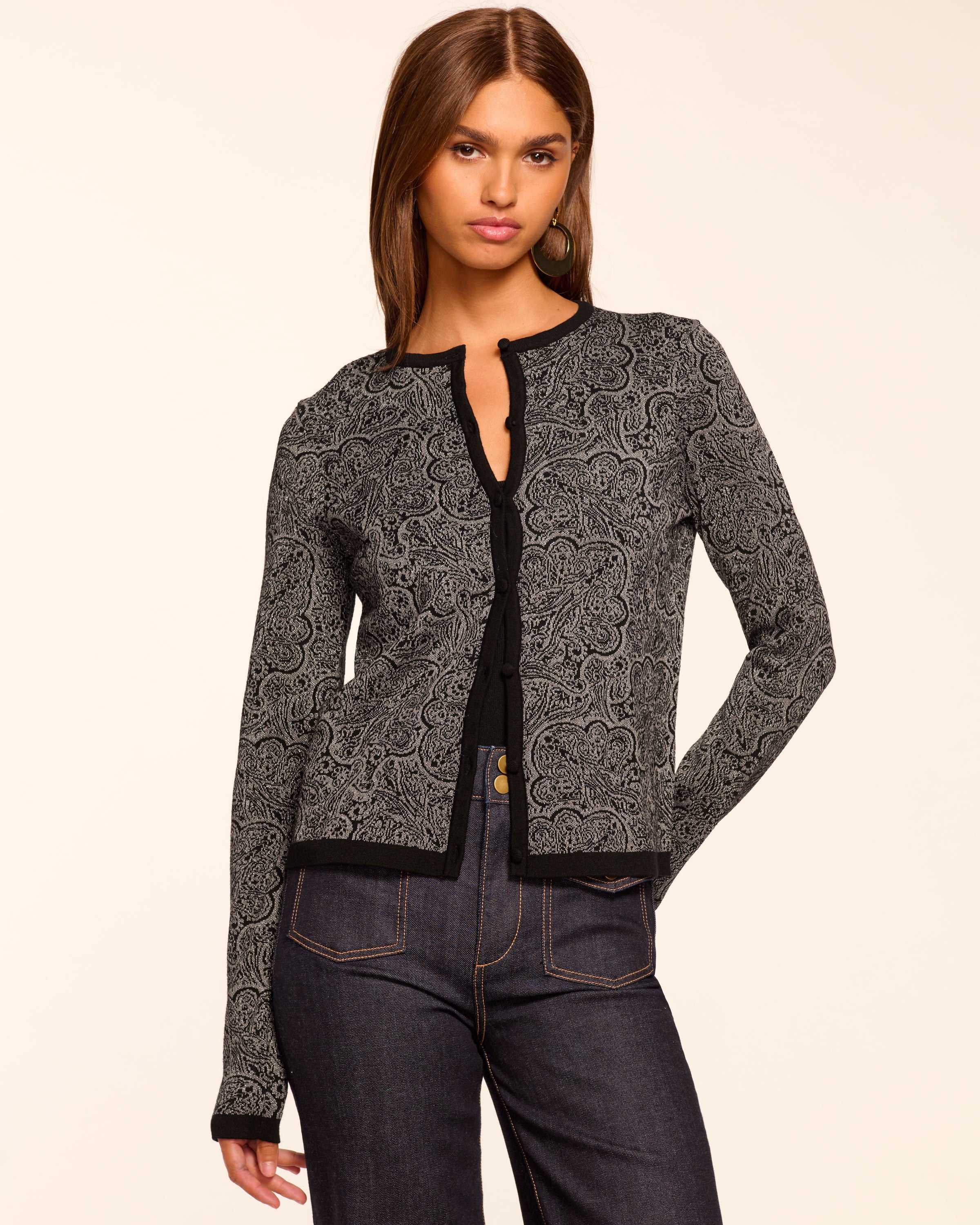 Tricia Metallic Cardigan Sweater in platinum jacquard | Ramy Brook