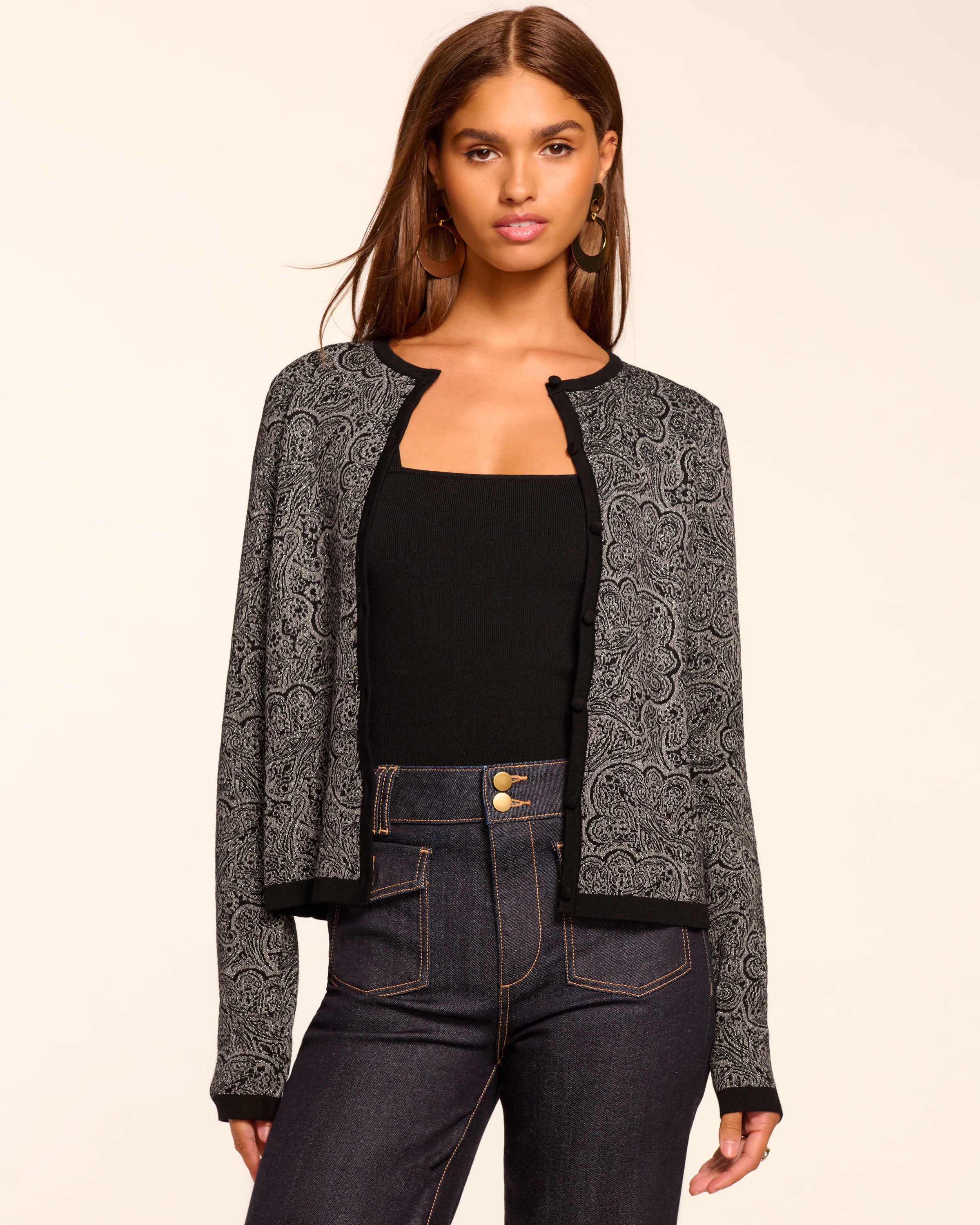 Tricia Metallic Cardigan Sweater in platinum jacquard | Ramy Brook