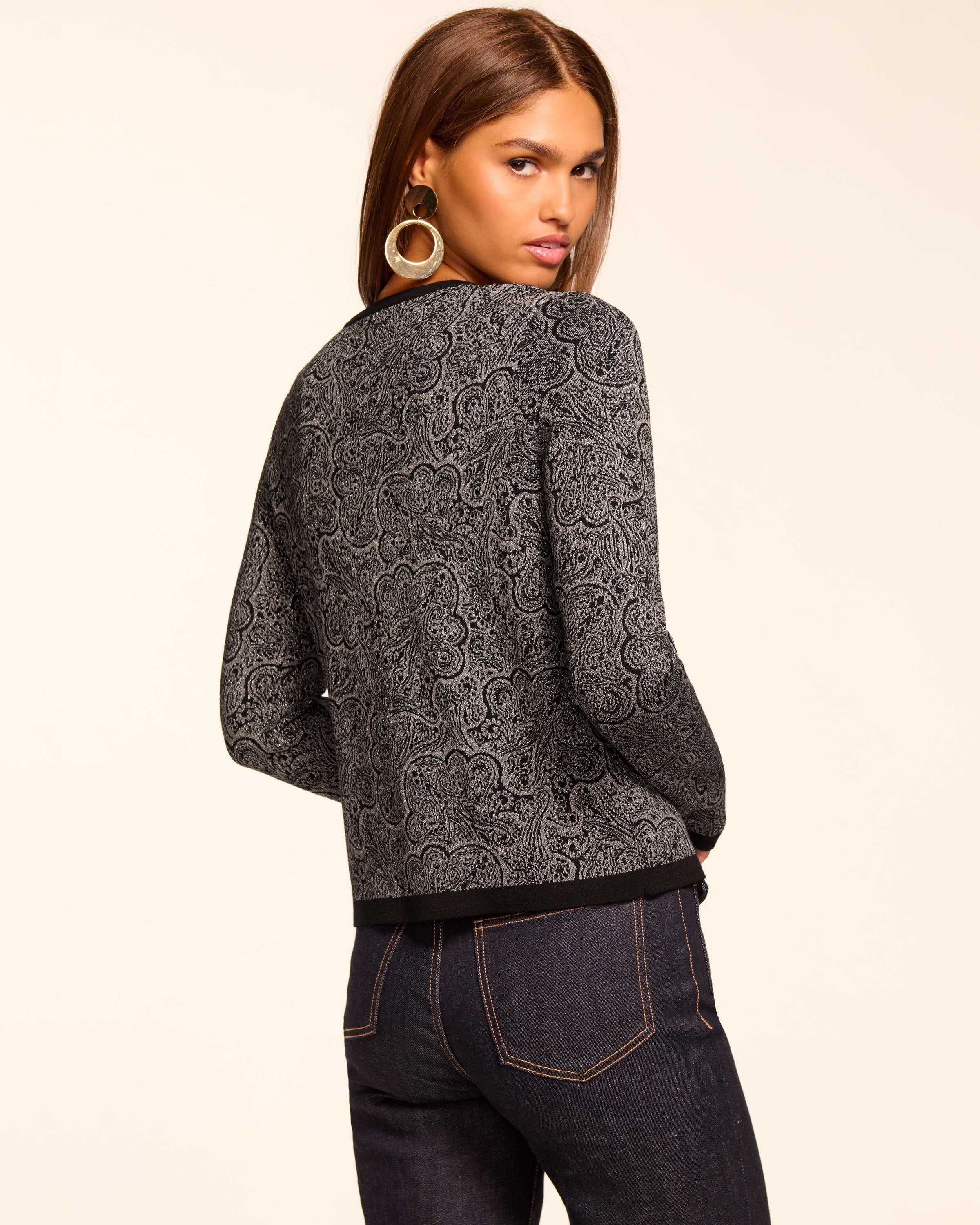 Tricia Metallic Cardigan Sweater in platinum jacquard | Ramy Brook Tricia Metallic Cardigan Sweater in platinum jacquard | Ramy Brook