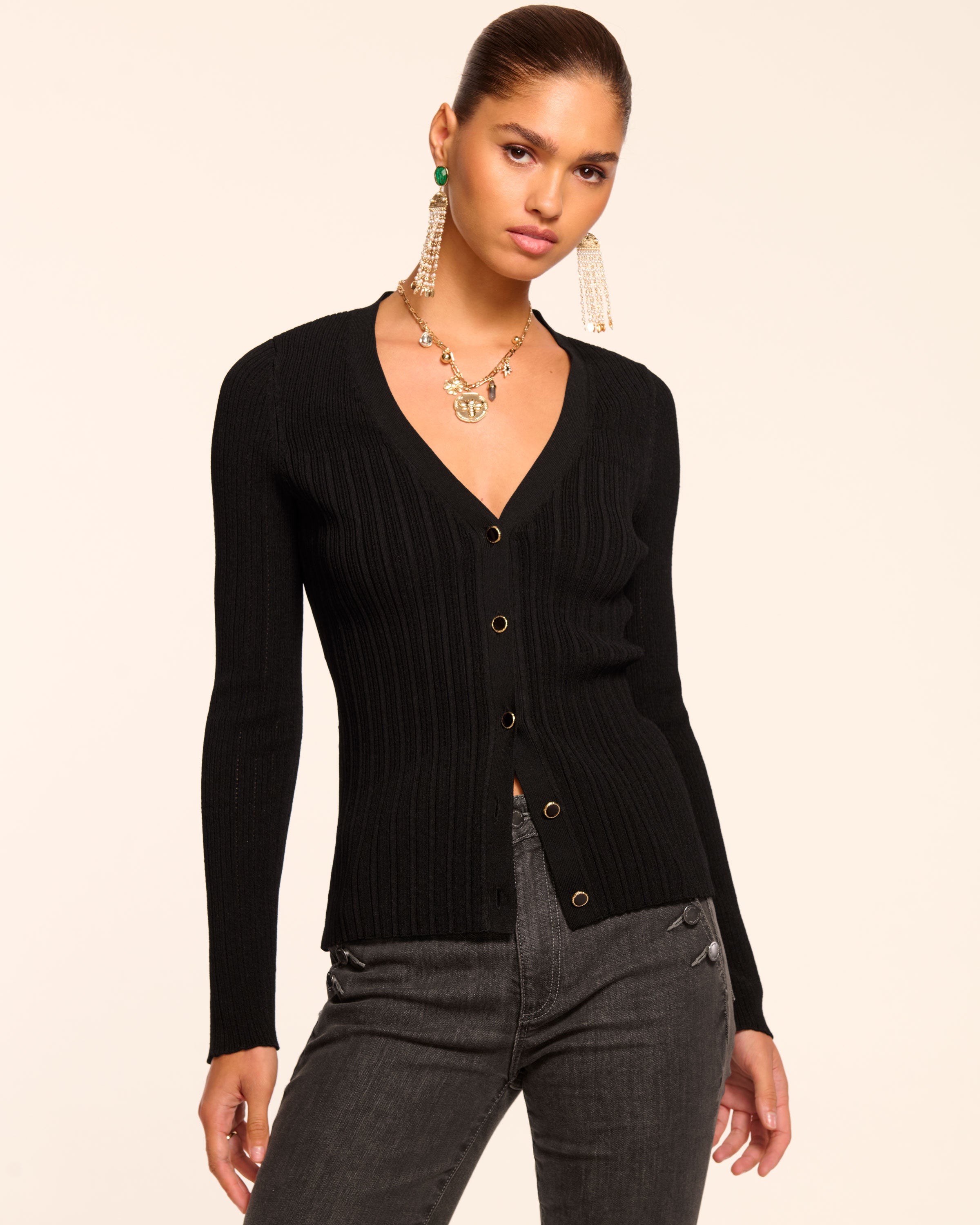 Lorenza Ribbed Knit Cardigan in black