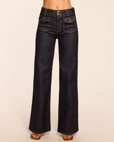 パンツ jentlouis Resin Coated Flare Denim Fay High-Rise Wide Leg Jean in resin rinse | Ramy Brook