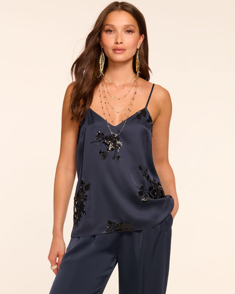 Sandra V-Neck Embellished Tank Top in navy | Ramy Brook