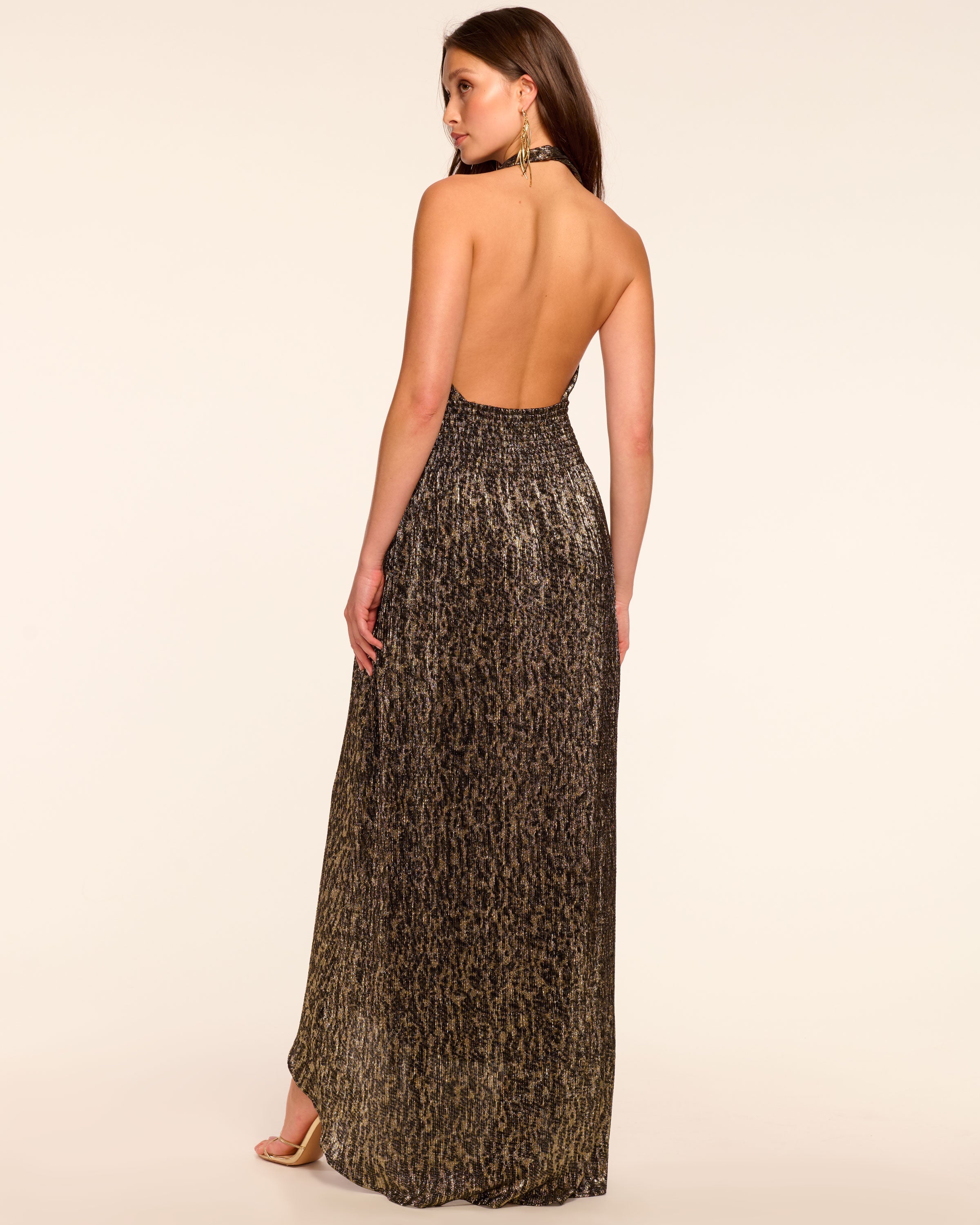 Jill Metallic Smocked Halter Maxi Dress in animal lame | Ramy Brook