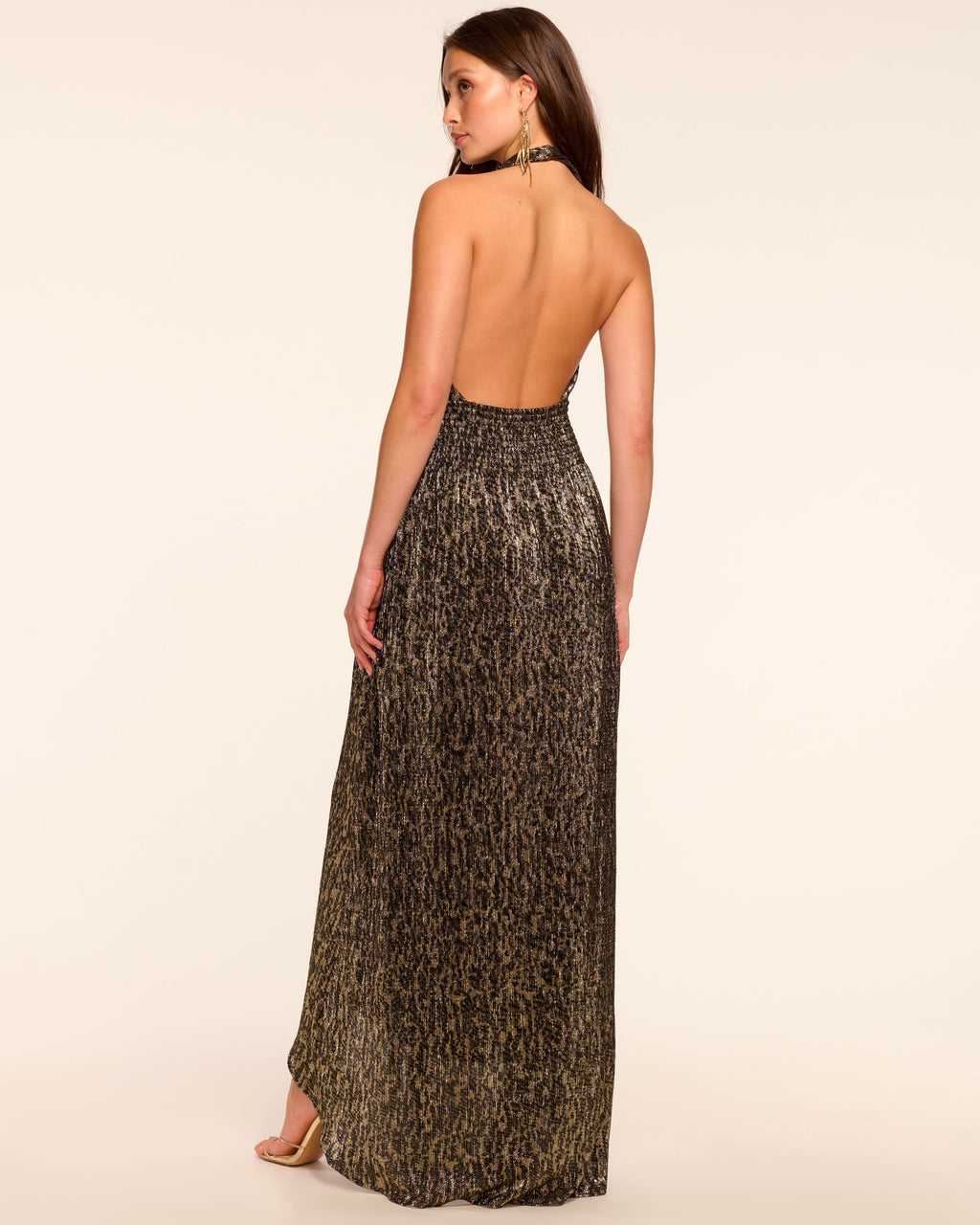Jill Metallic Smocked Halter Maxi Dress in animal lame