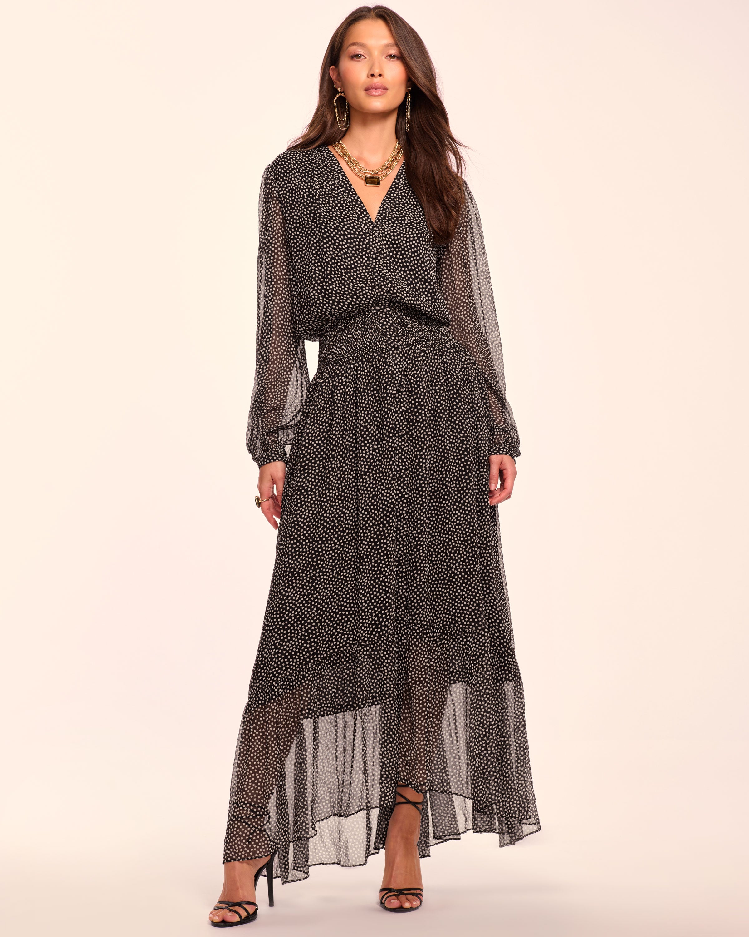 Dorothee Silk Long Sleeve Smocked Maxi Dress in black dot | Ramy Brook