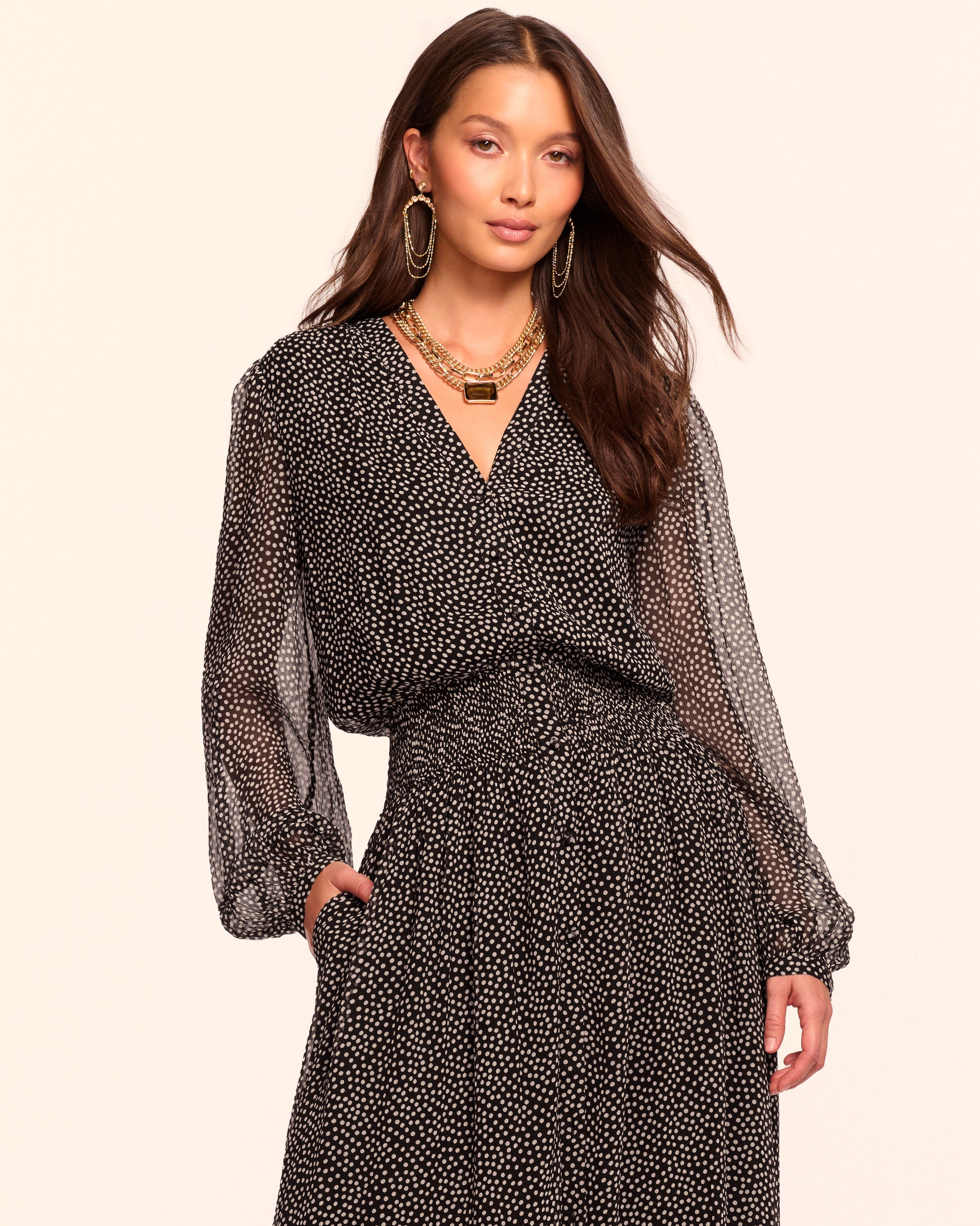 Dorothee Silk Long Sleeve Smocked Maxi Dress in black dot | Ramy Brook