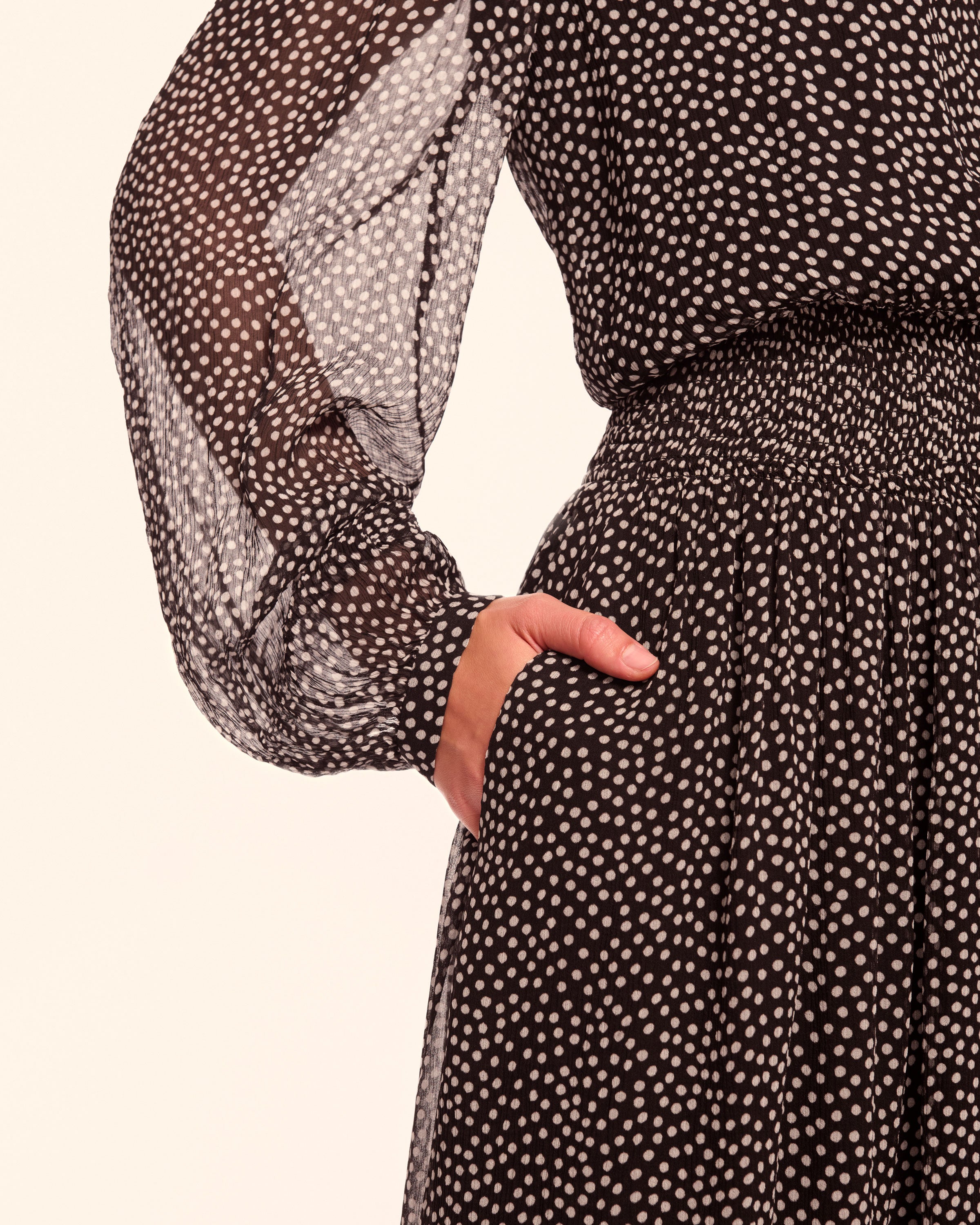 Dorothee Silk Long Sleeve Smocked Maxi Dress in black dot | Ramy Brook