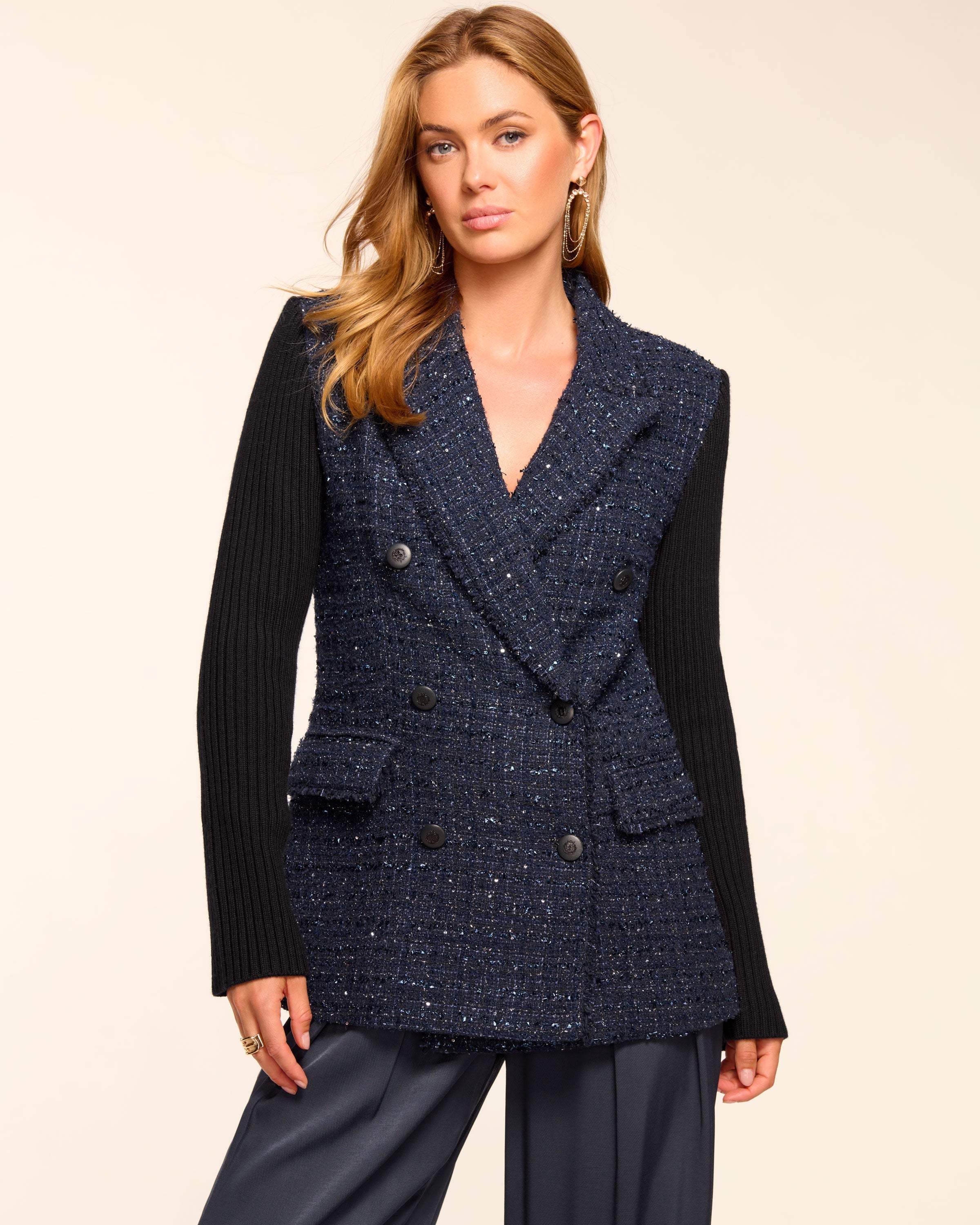 Elsa Tweed Knit Combo Double Breasted Blazer in navy | Ramy Brook