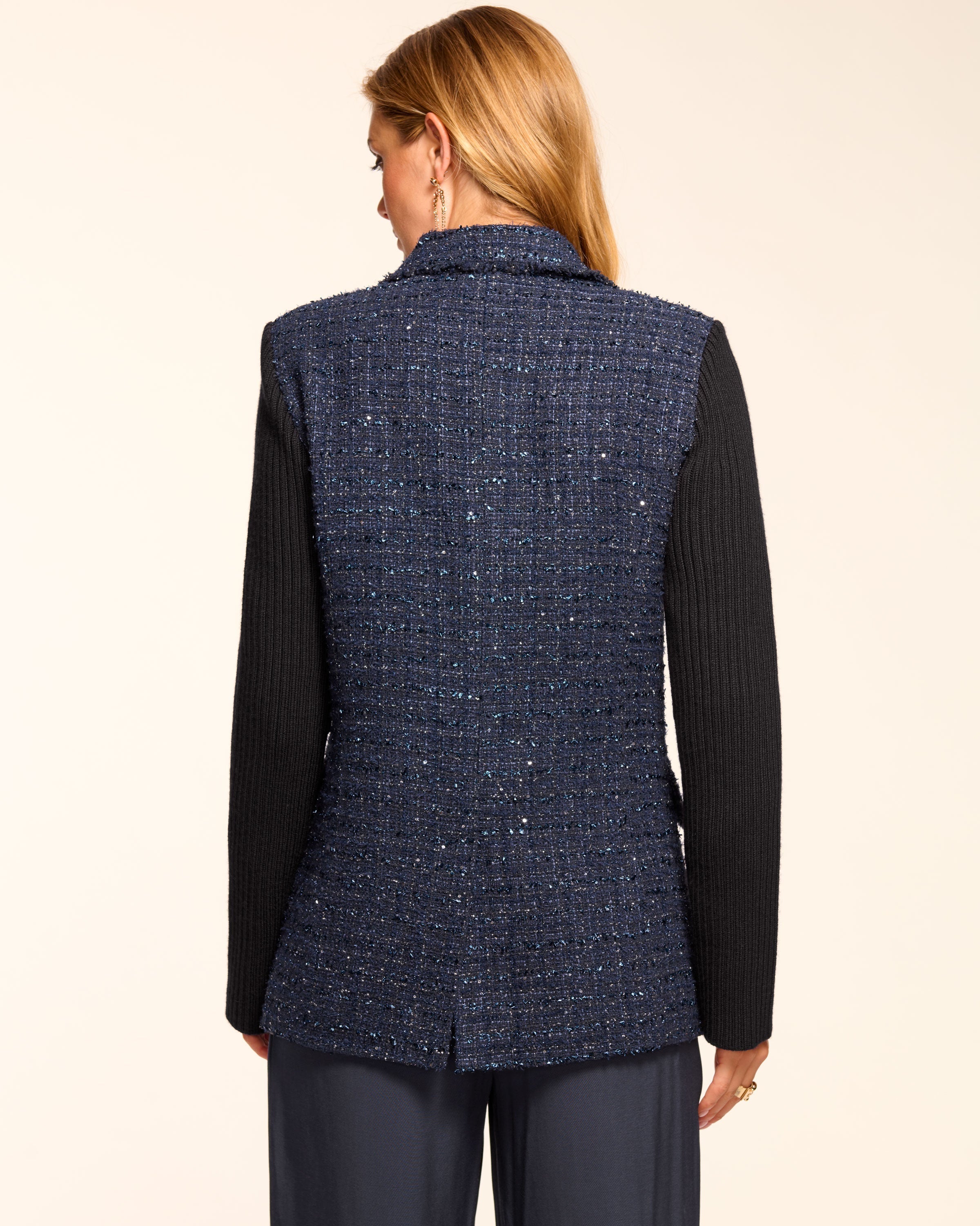 Elsa Tweed Knit Combo Double Breasted Blazer in navy | Ramy Brook