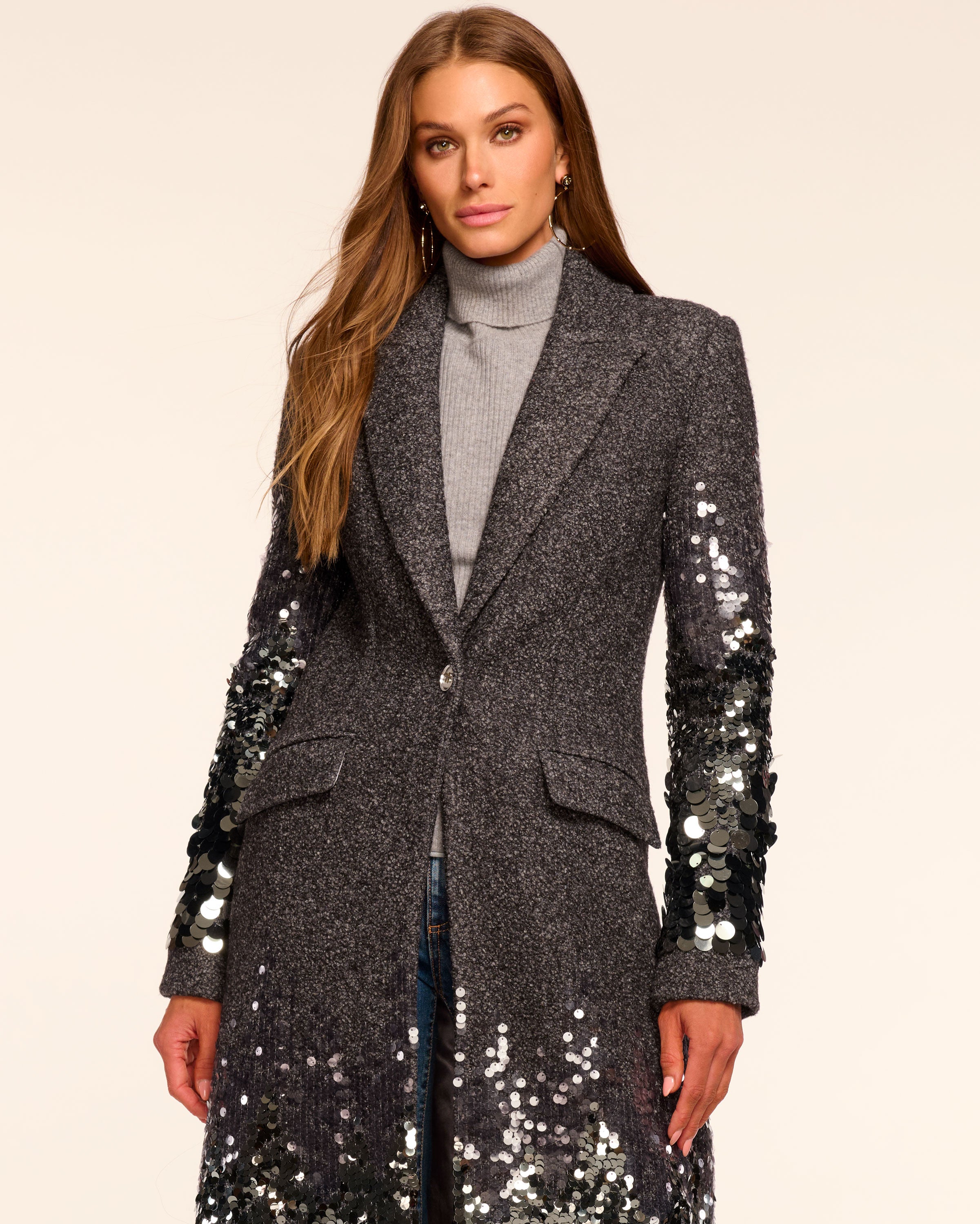 ジャケット・アウター Hamilton Wool Rever Flared Coat 2025 Paul Wool Blend Embellished Coat in grey shine | Ramy Brook