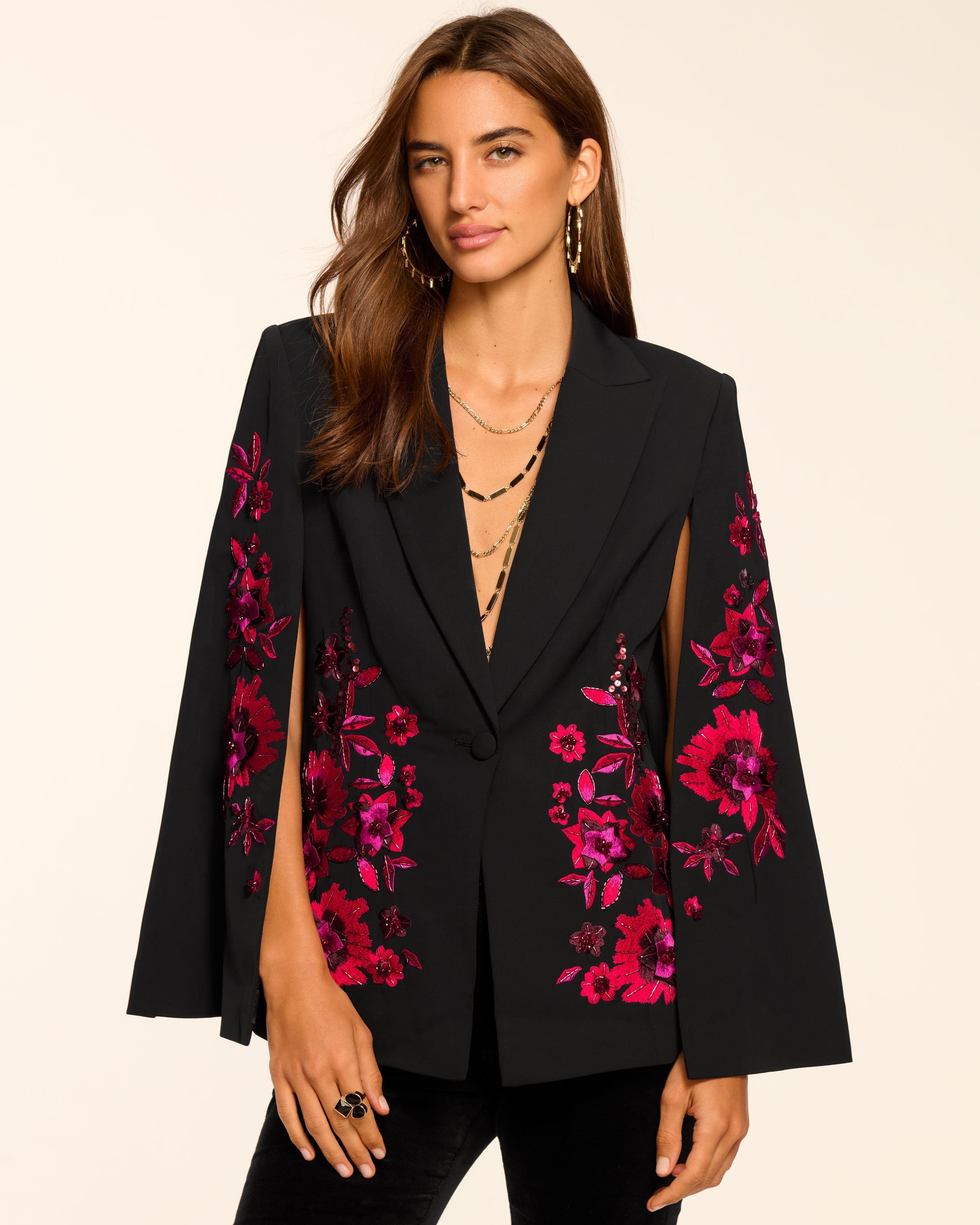 Lucinda Embellished Cape in black garden | Ramy Brook