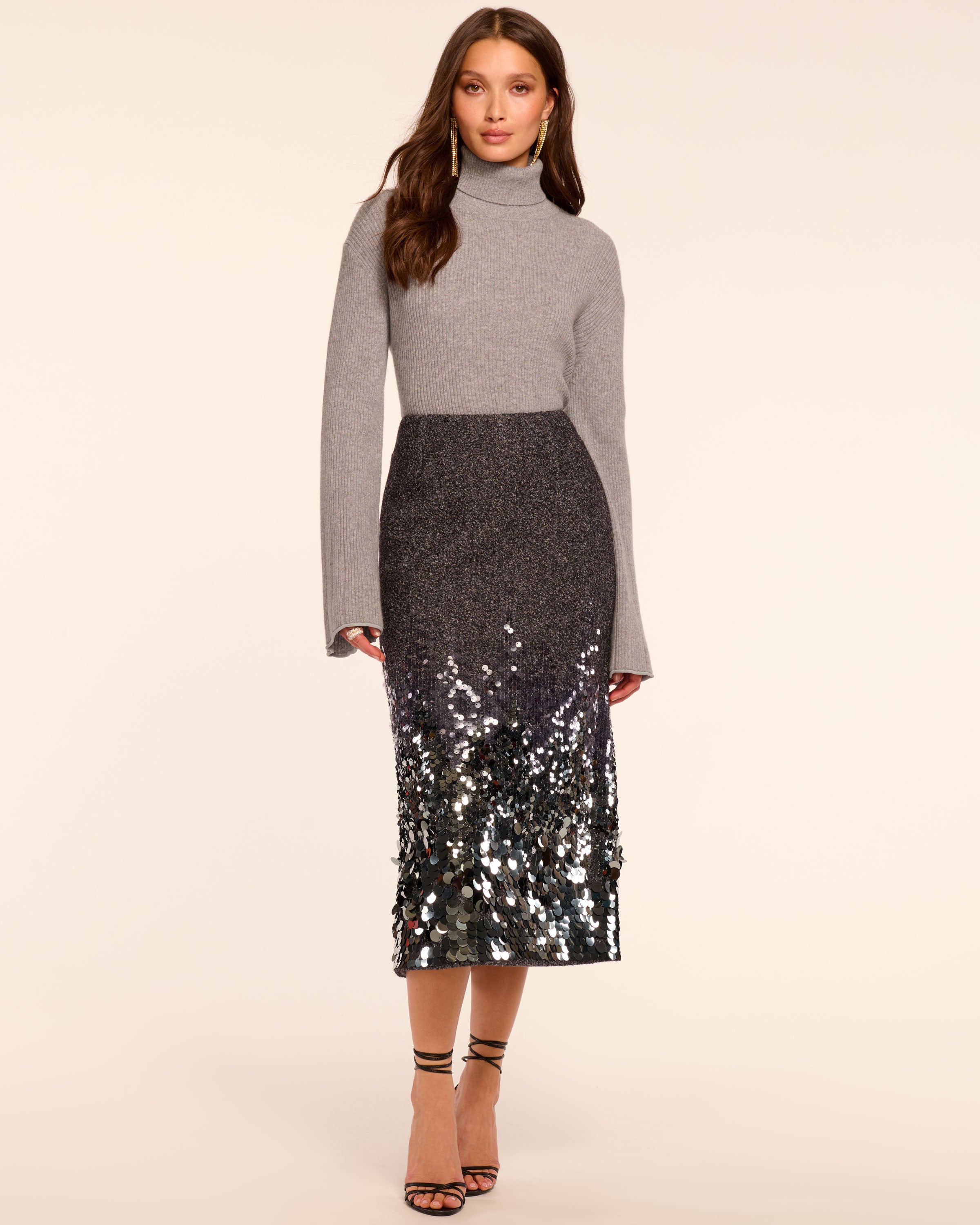 Peter Wool Blend Embellished Midi Skirt in grey shine | Ramy Brook
