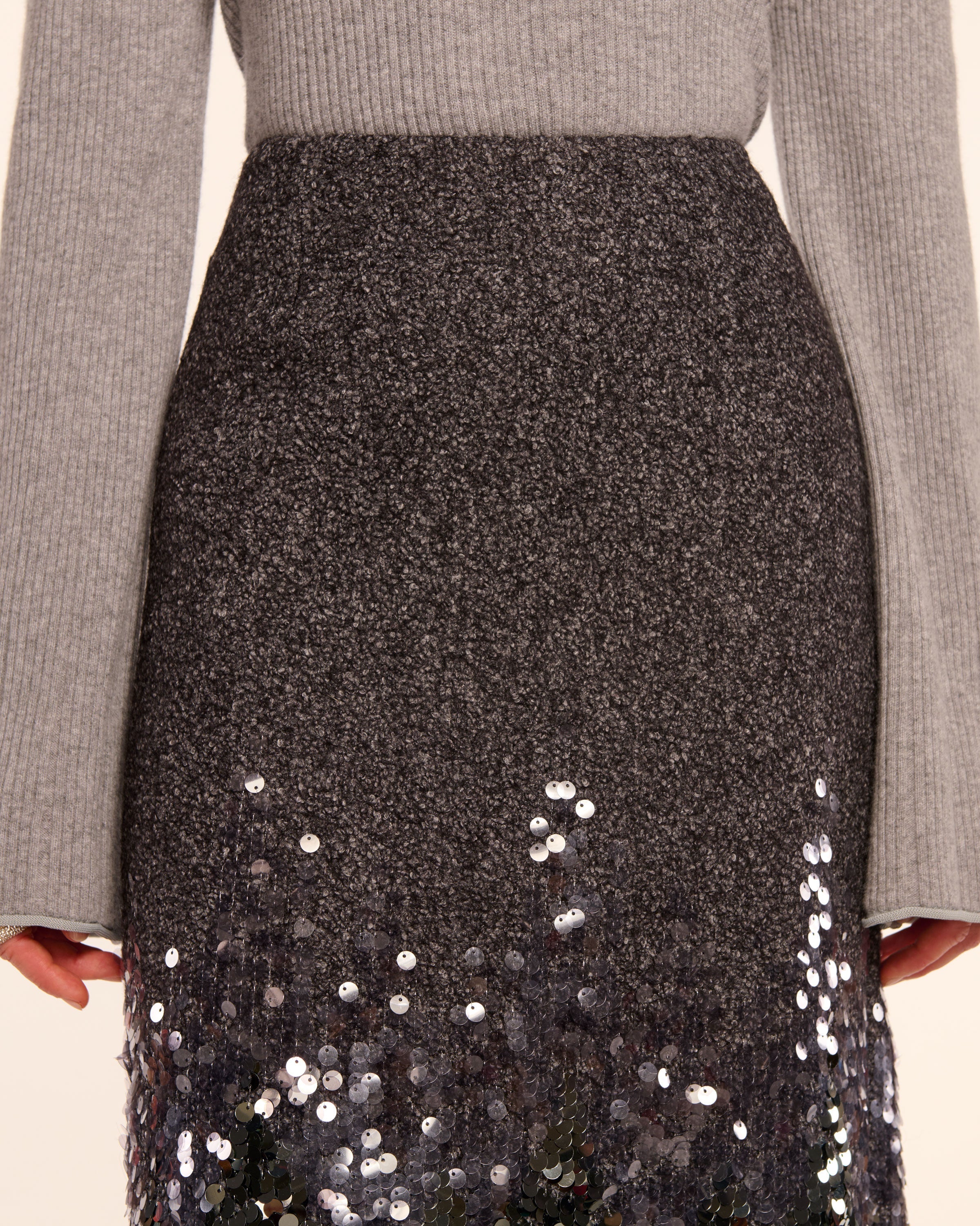 Peter Wool Blend Embellished Midi Skirt in grey shine | Ramy Brook