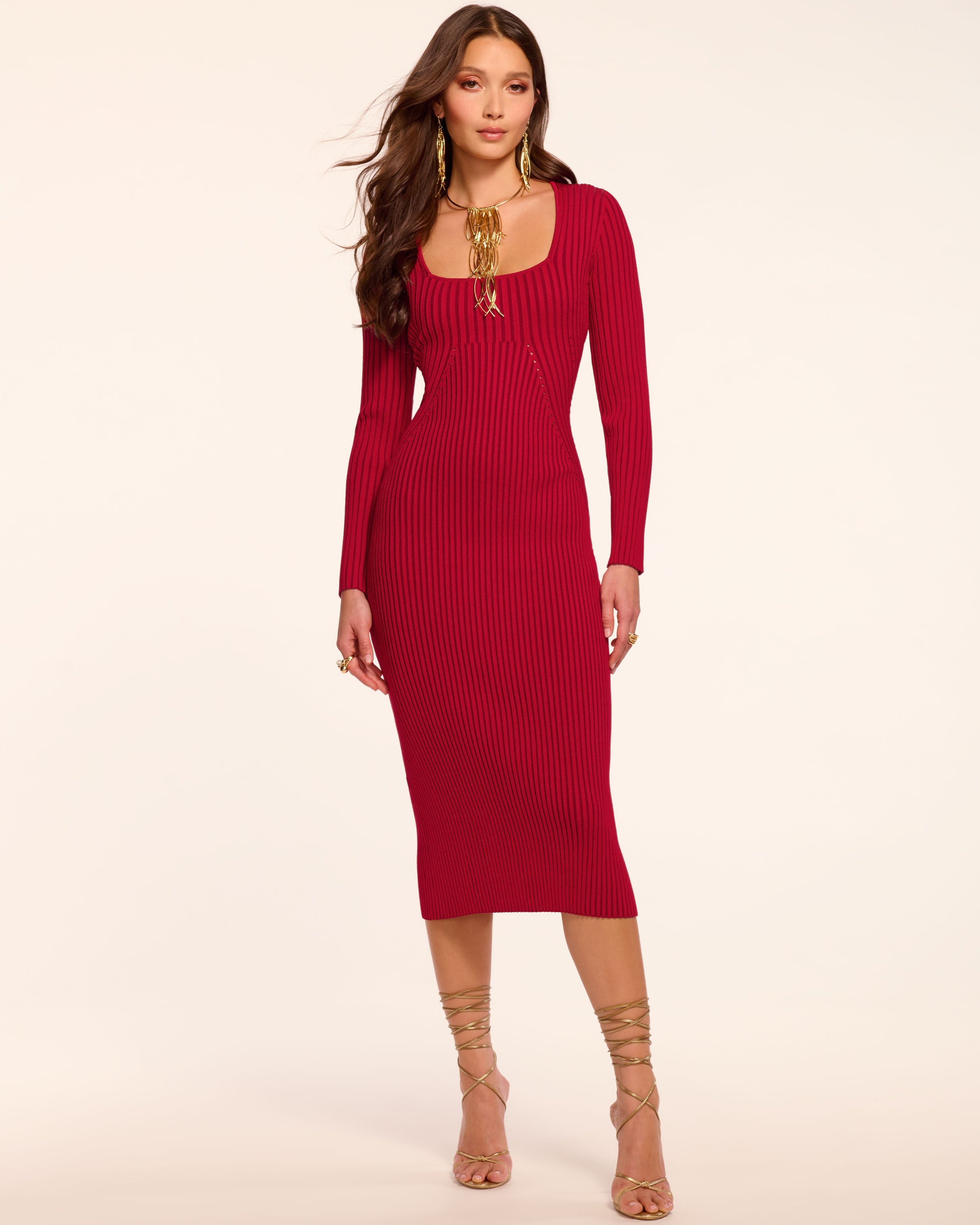 Logan Rib Knit Long Sleeve Midi Dress in scarlet red | Ramy Brook
