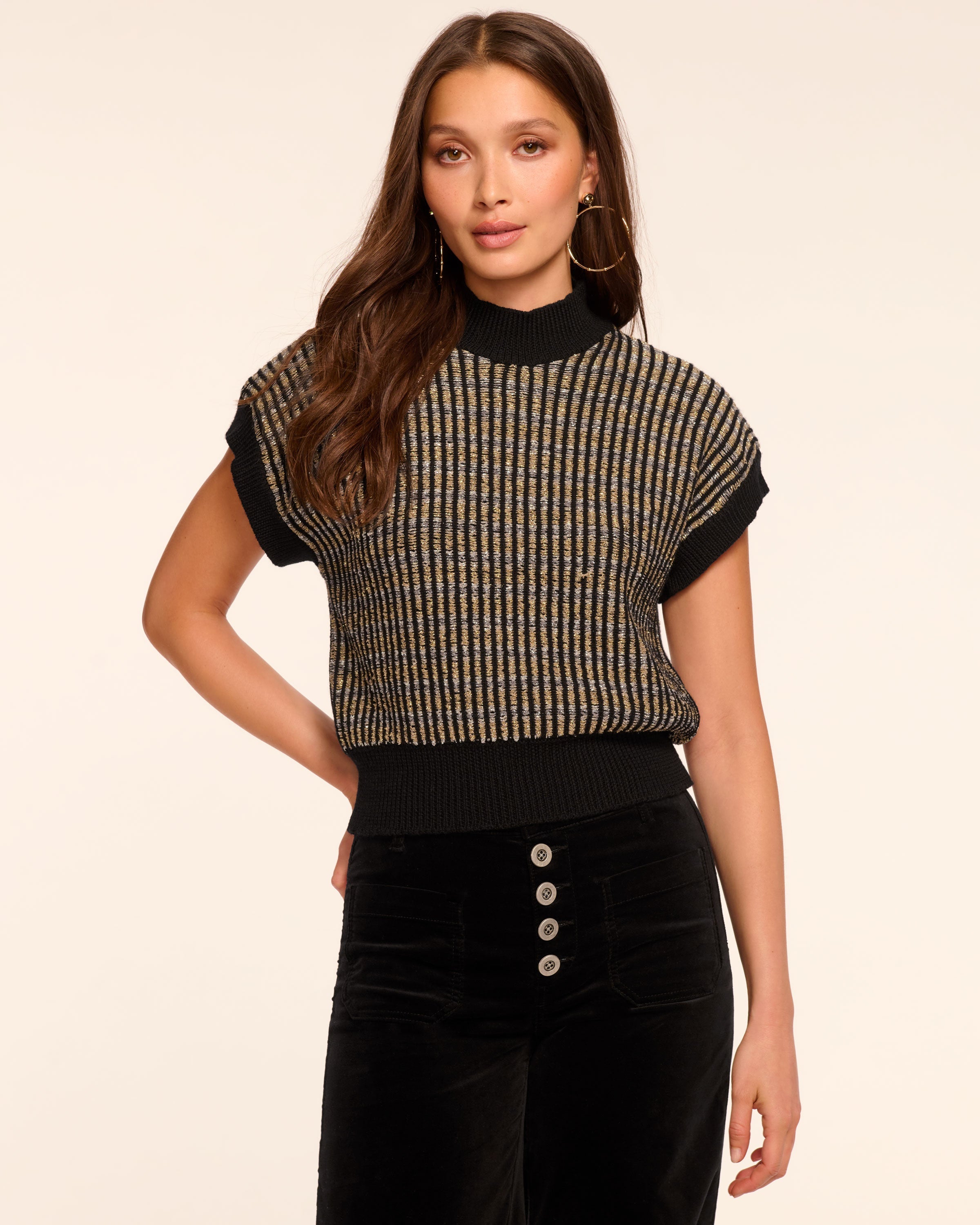 Hannah Wool Blend Metallic Short Sleeve Sweater in black knit