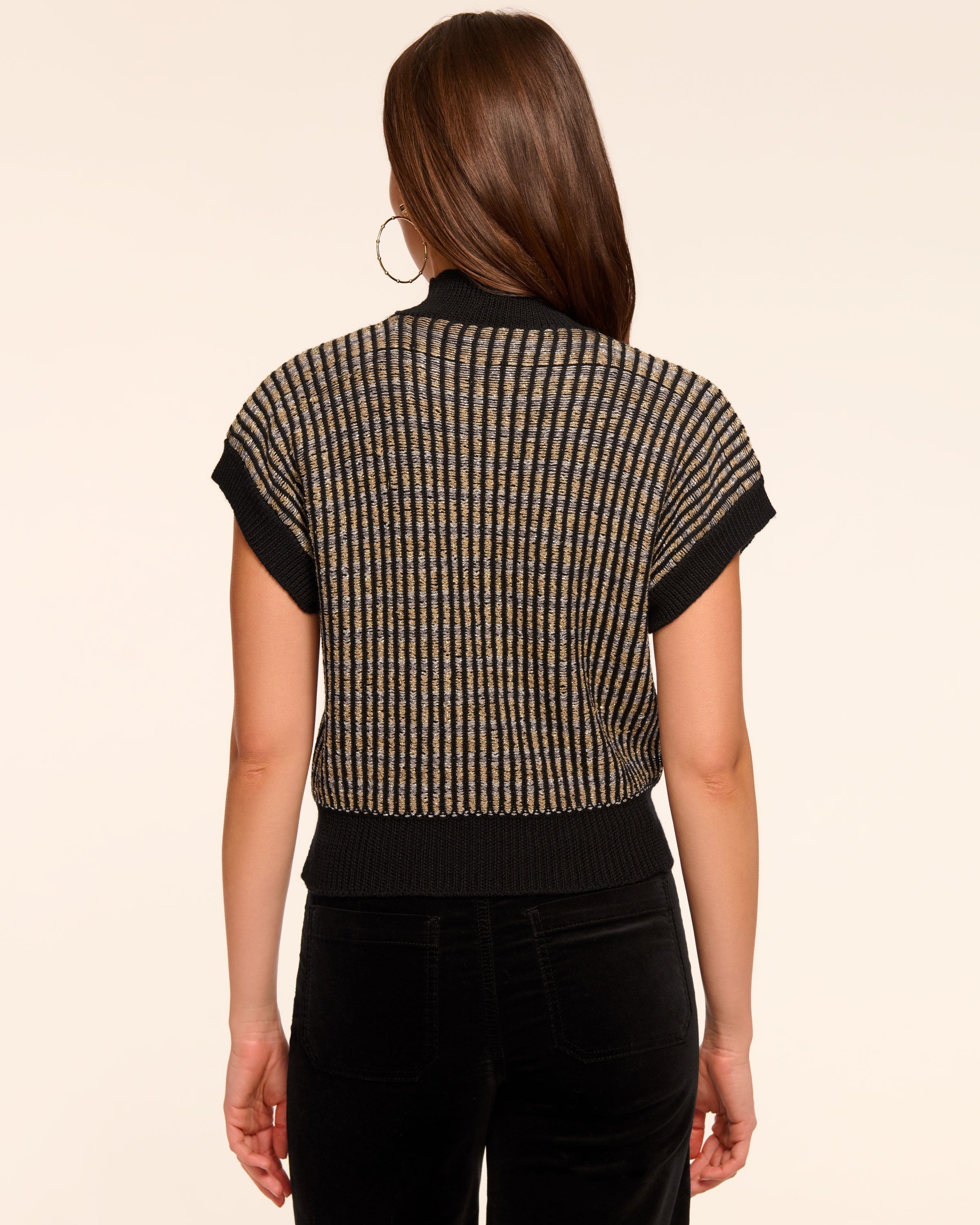 Hannah Wool Blend Metallic Short Sleeve Sweater in black knit