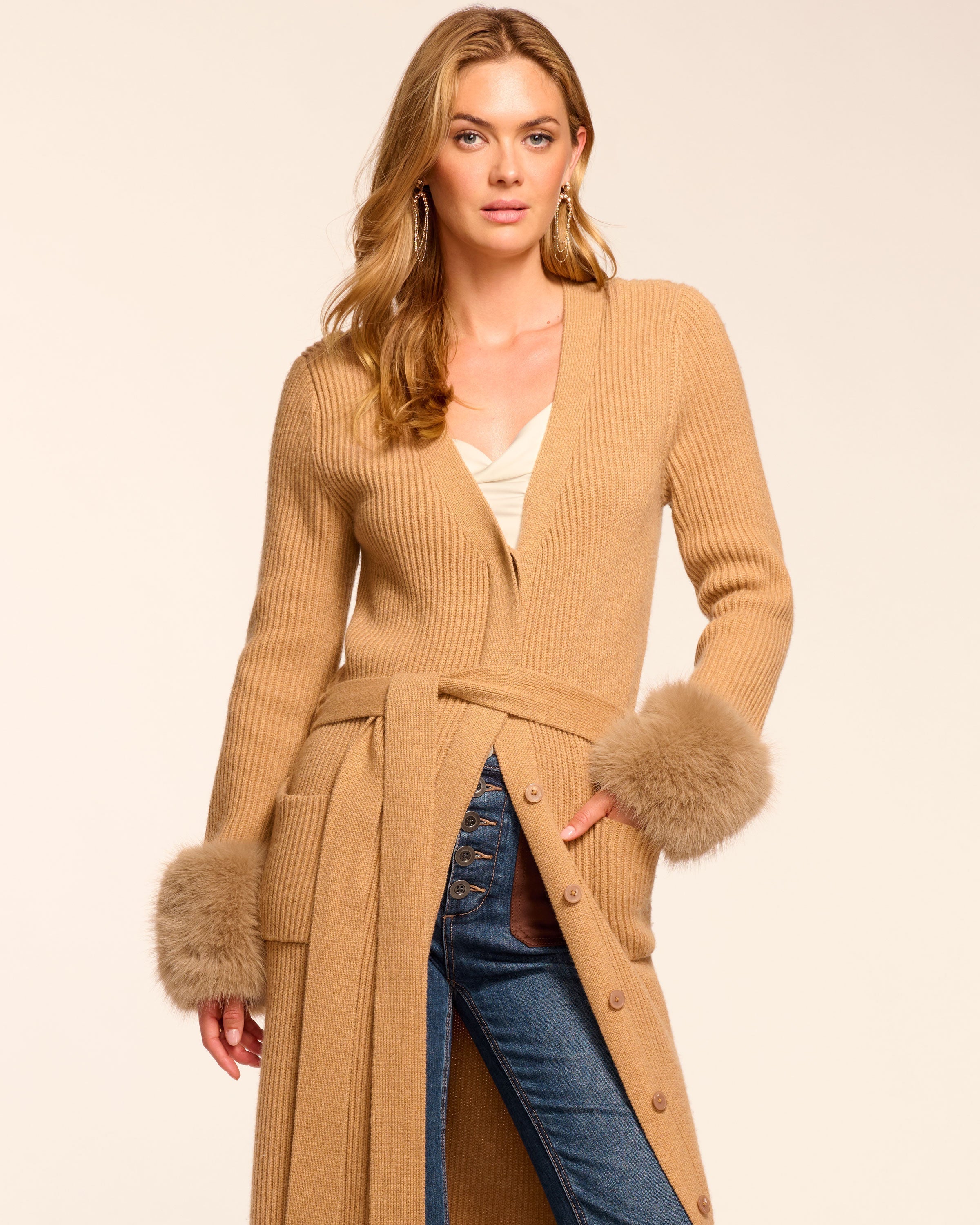 Louise Wool Blend Faux Fur Trim Duster Sweater in camel | Ramy Brook