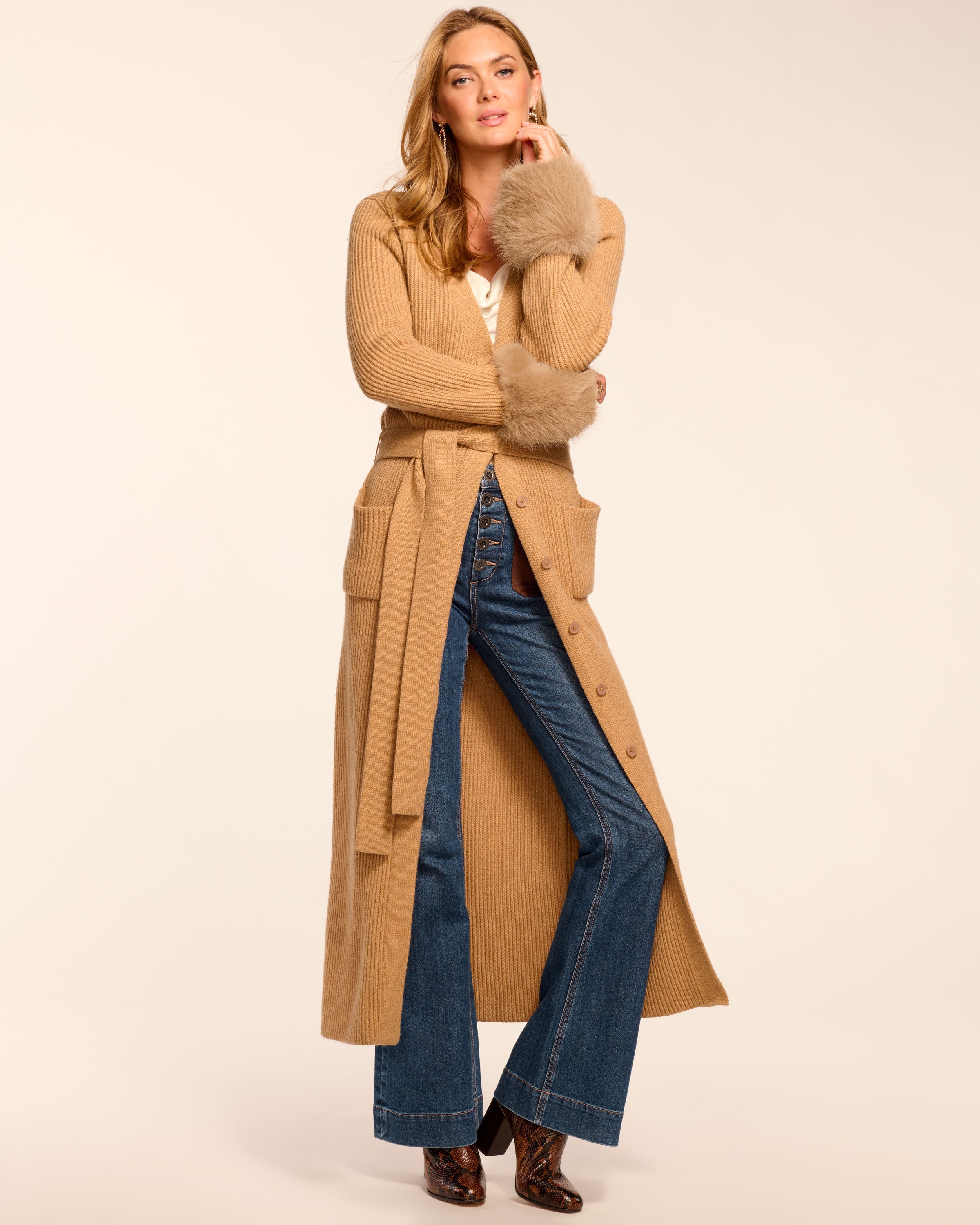 Louise Wool Blend Faux Fur Trim Duster Sweater in camel | Ramy Brook