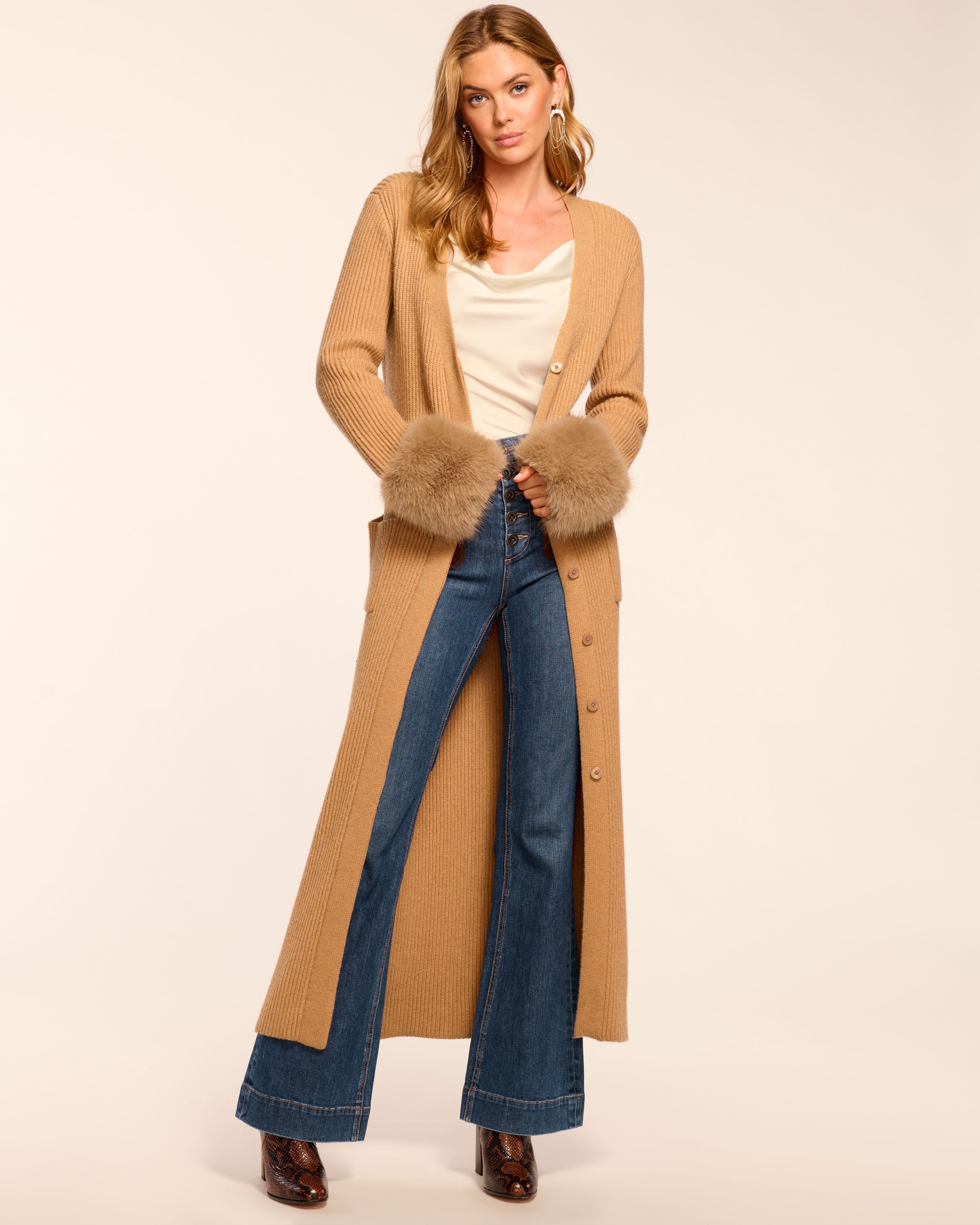 Louise Wool Blend Faux Fur Trim Duster Sweater in camel | Ramy Brook