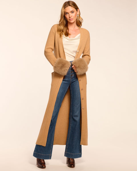 Louise Wool Blend Faux Fur Trim Duster Sweater in camel | Ramy Brook