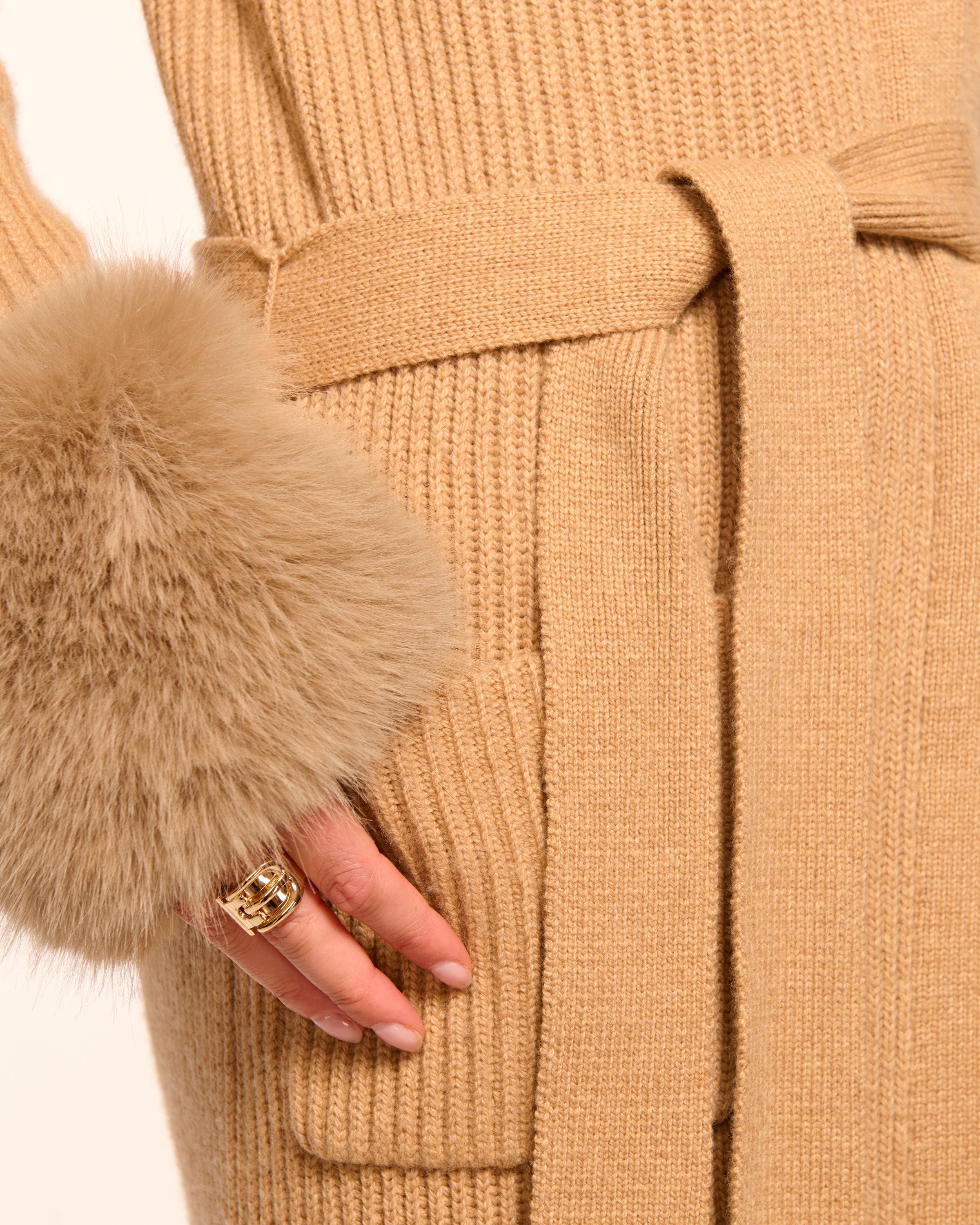 Louise Wool Blend Faux Fur Trim Duster Sweater in camel | Ramy Brook