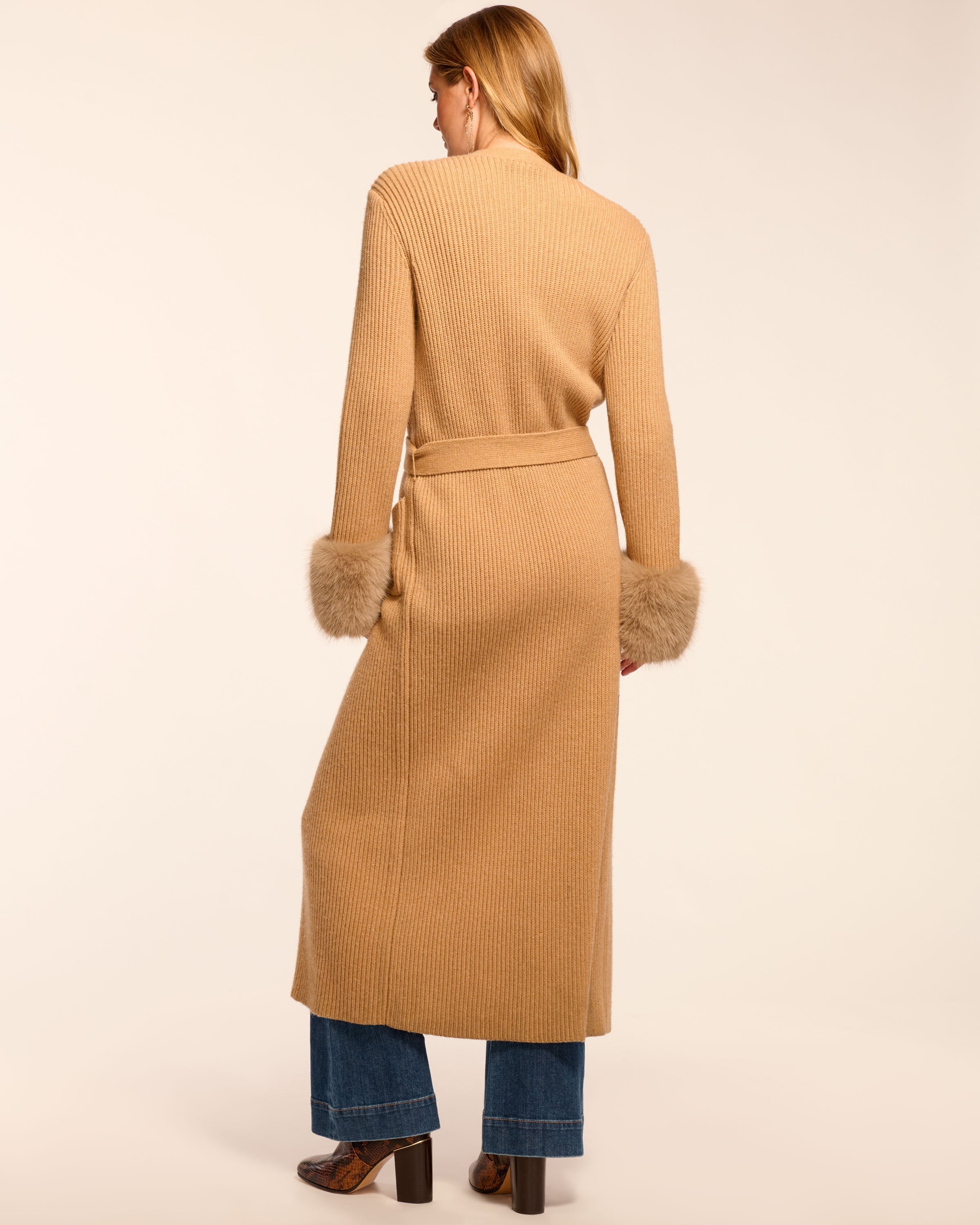 Louise Wool Blend Faux Fur Trim Duster Sweater in camel | Ramy Brook