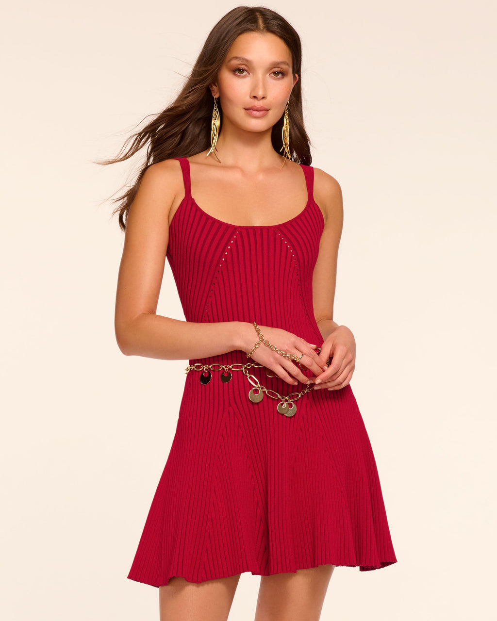 Lidia Rib Knit A-Line Mini Dress in scarlet red