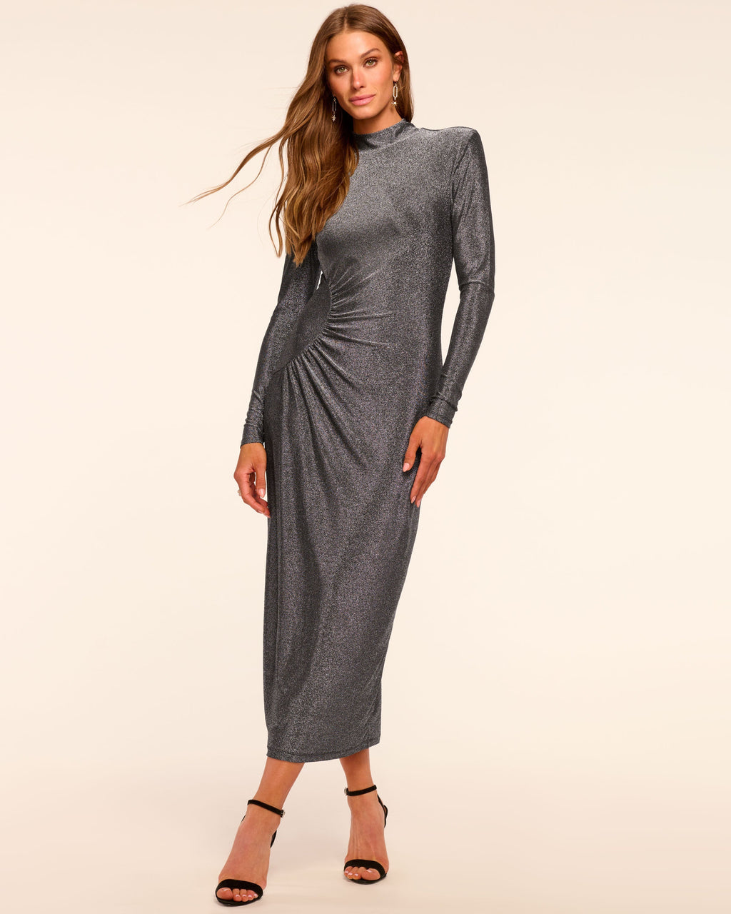 Ramy Brook Amarilys Sparkle Knit Mock Neck Midi Dress in Silver Knit