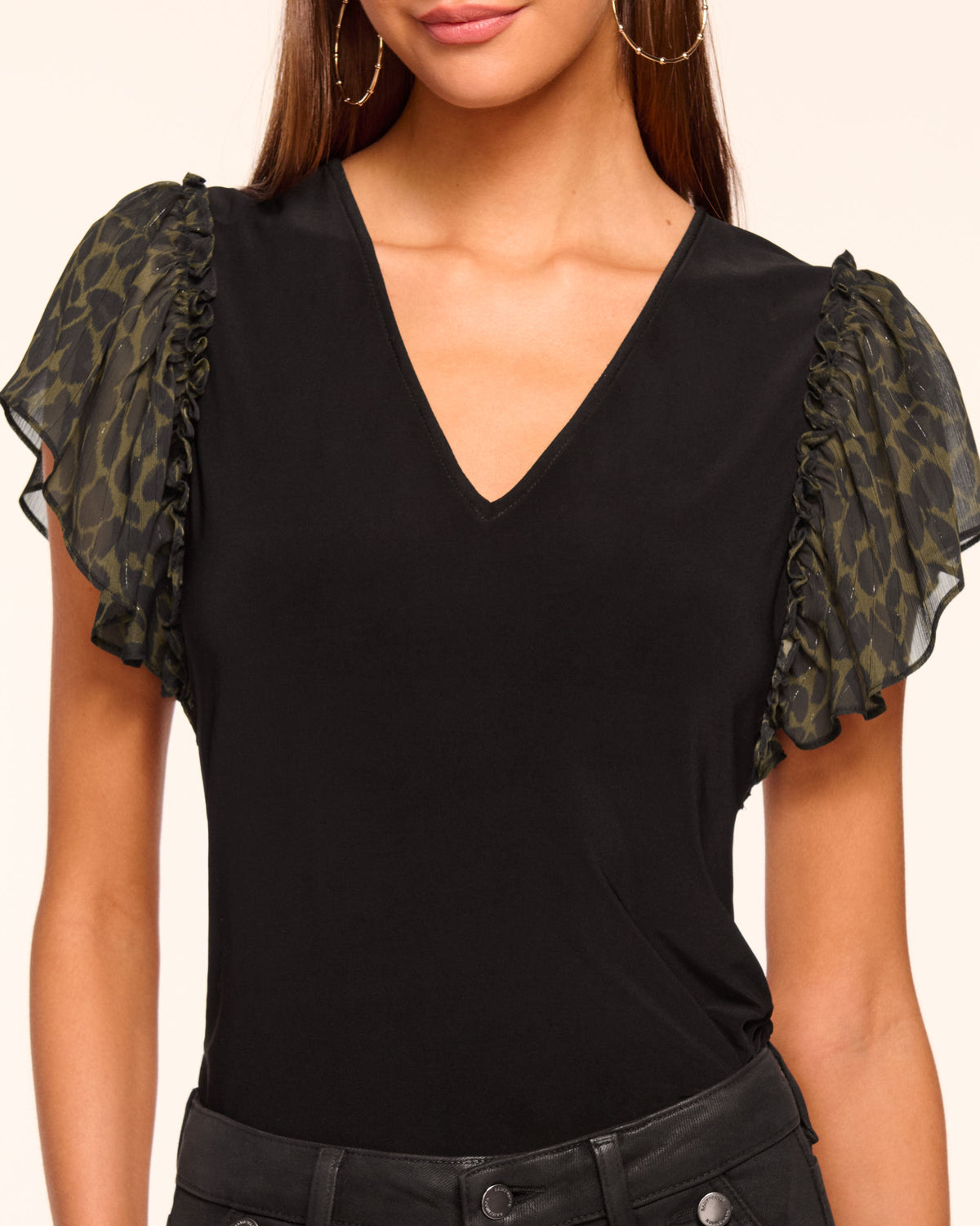 Lysette Jersey V-Neck Flutter Sleeve Top in olive foliage | Ramy Brook
