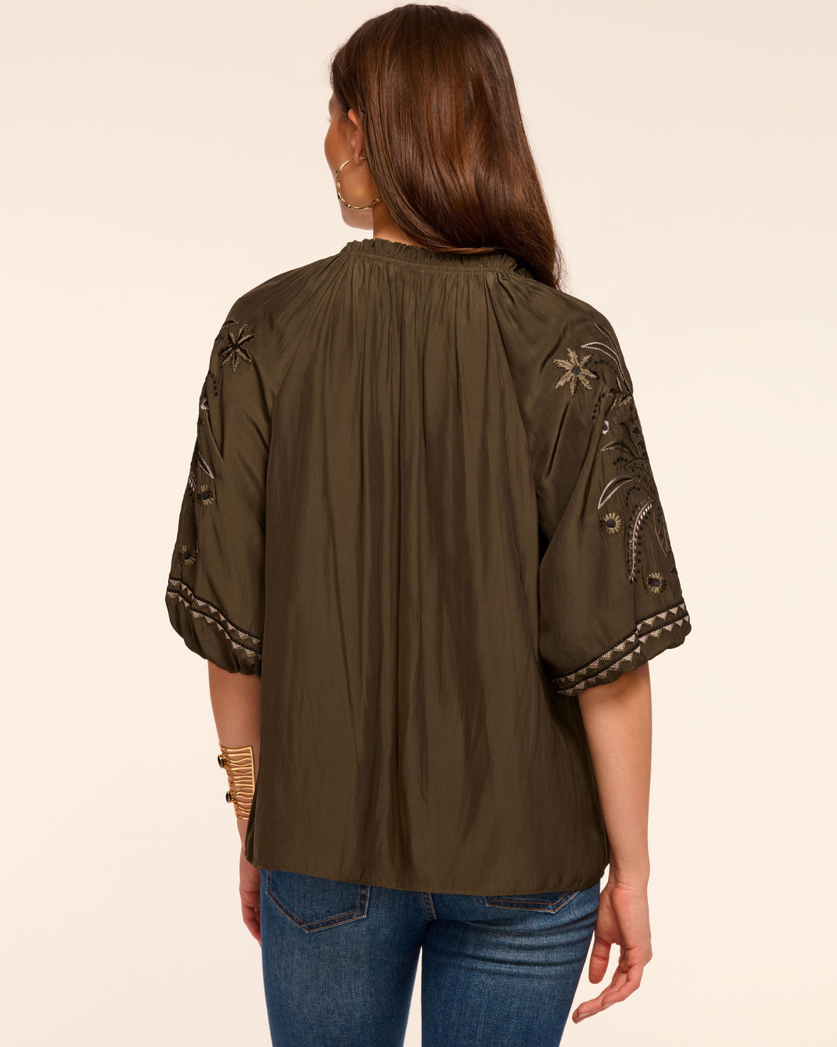 Karen Embellished V-Neck Blouse in deep olive | Ramy Brook