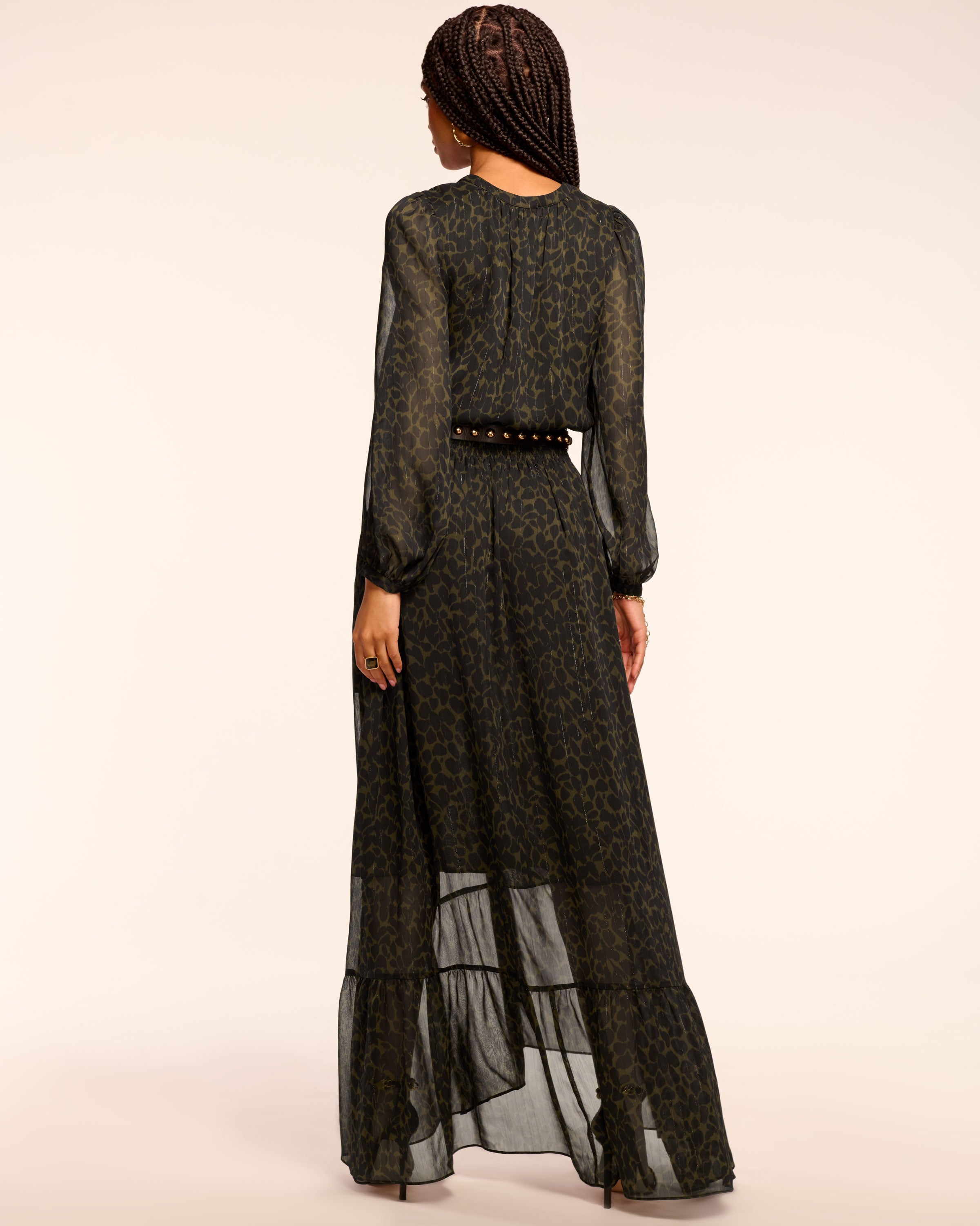 Teresa V-Neck Long Sleeve Maxi Dress in olive foliage | Ramy Brook
