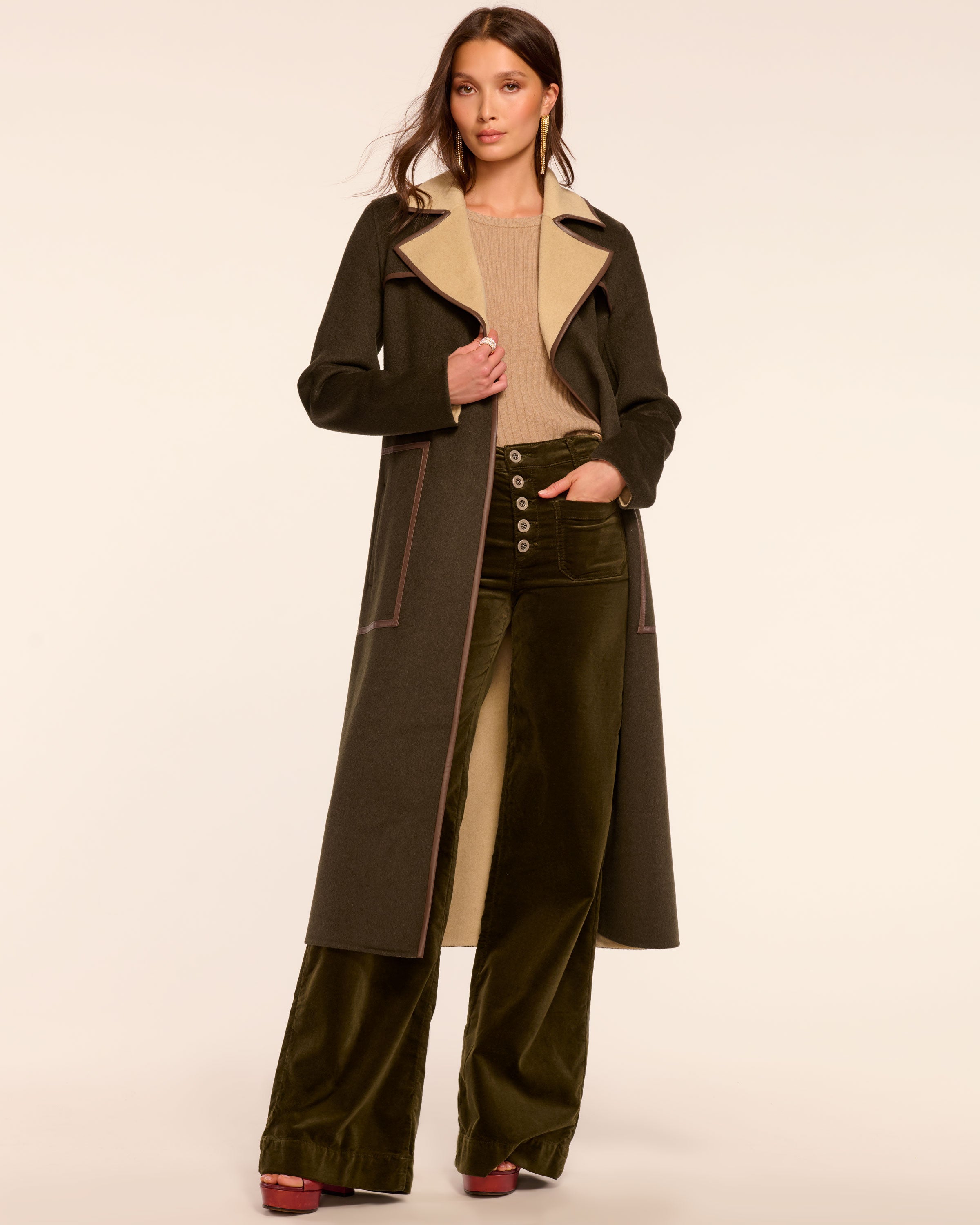 Josie Wool Blend Belted Coat in deep olive | Ramy Brook
