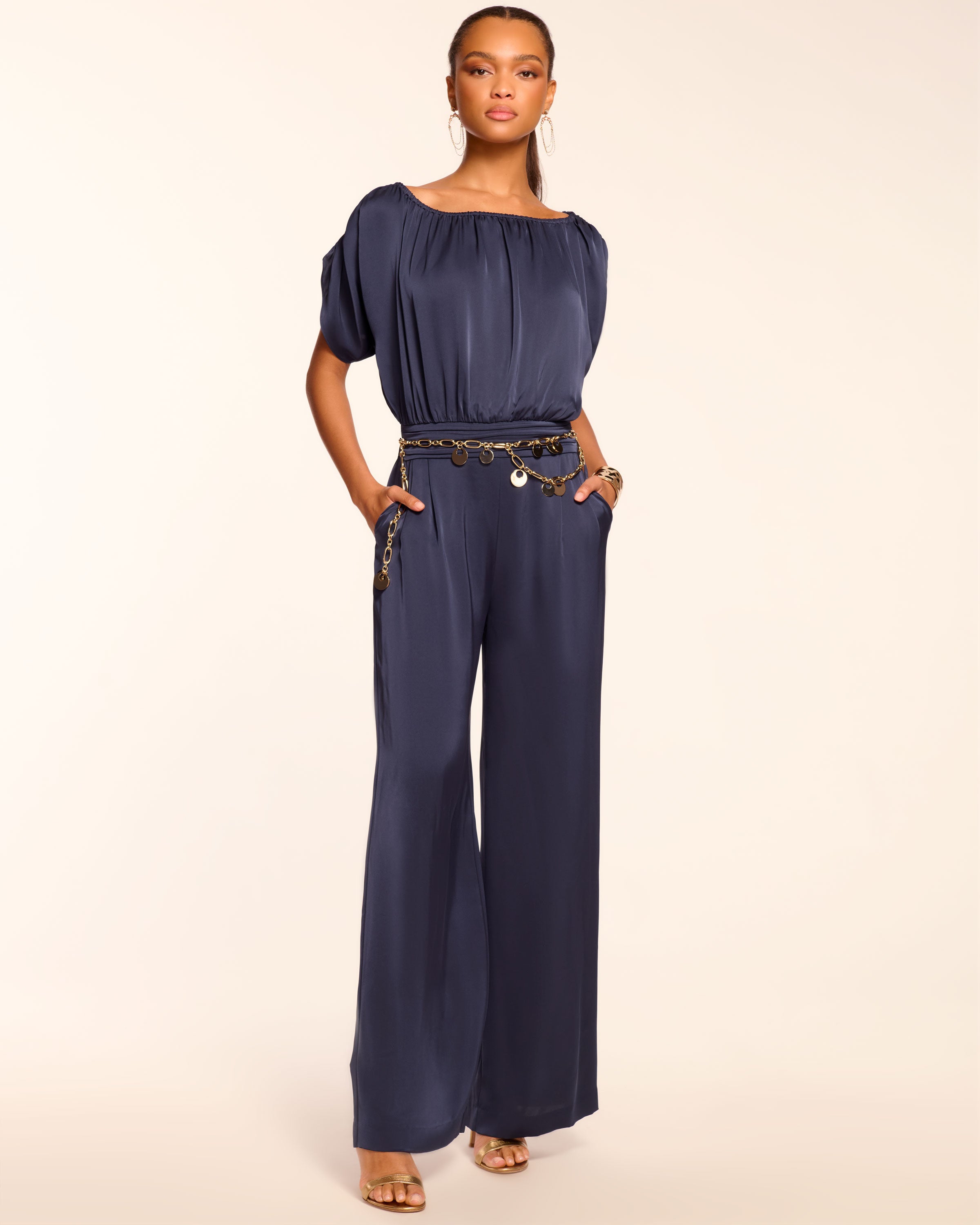 Sabrina Ruched Wide Leg Jumpsuit in navy | Ramy Brook