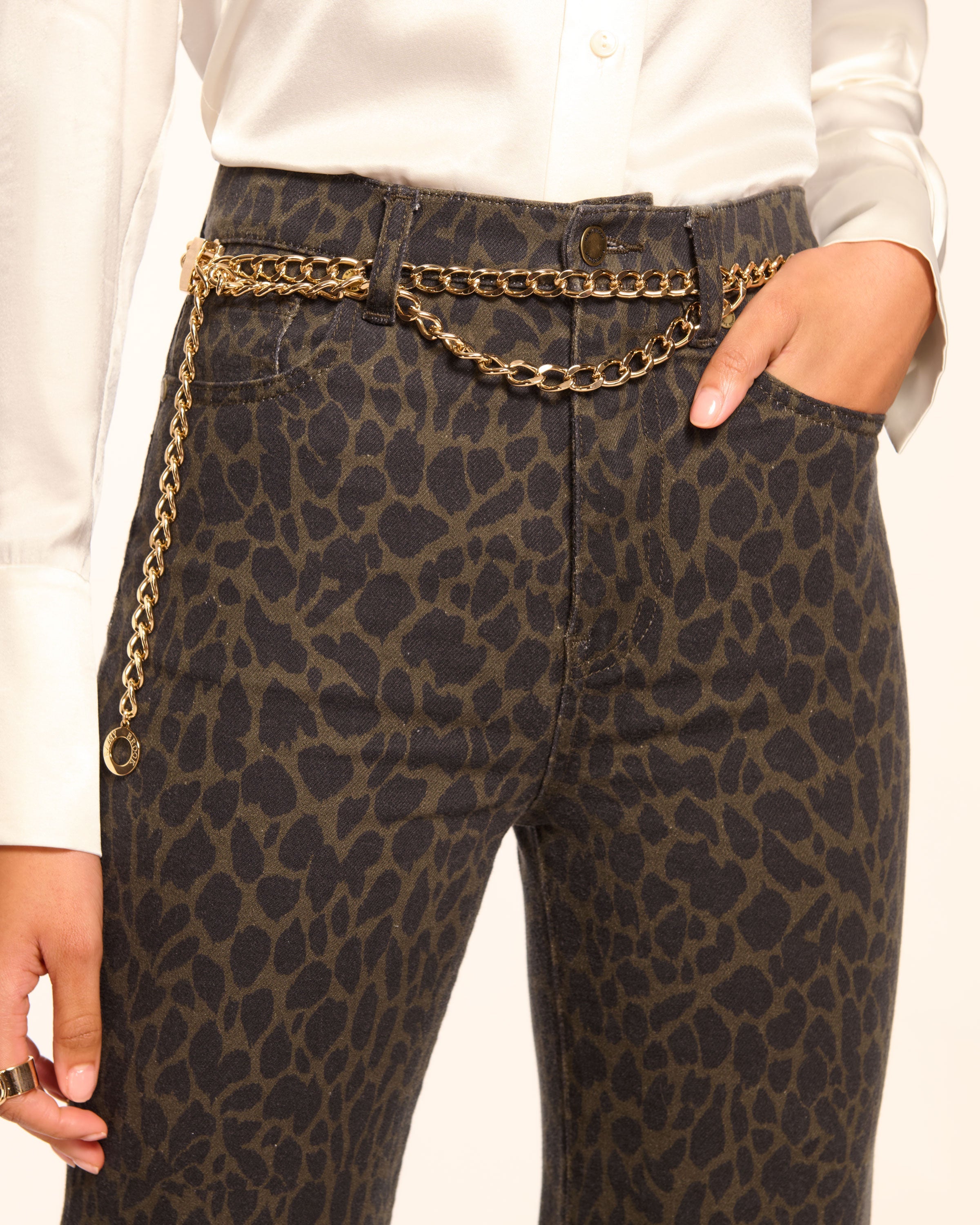 Tyra Printed High-Rise Flare Jean in olive animal | Ramy Brook