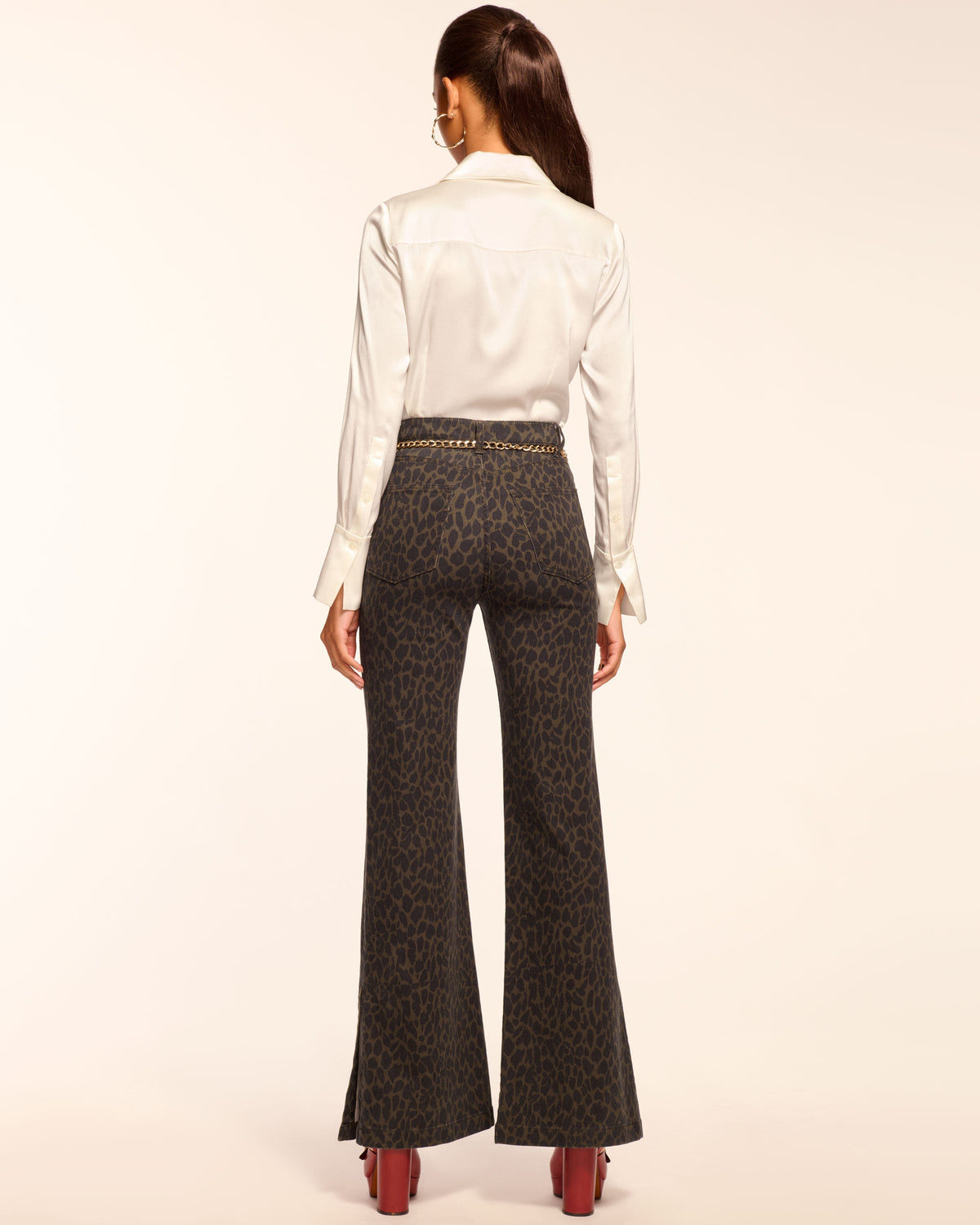 Tyra Printed High-Rise Flare Jean in olive animal | Ramy Brook