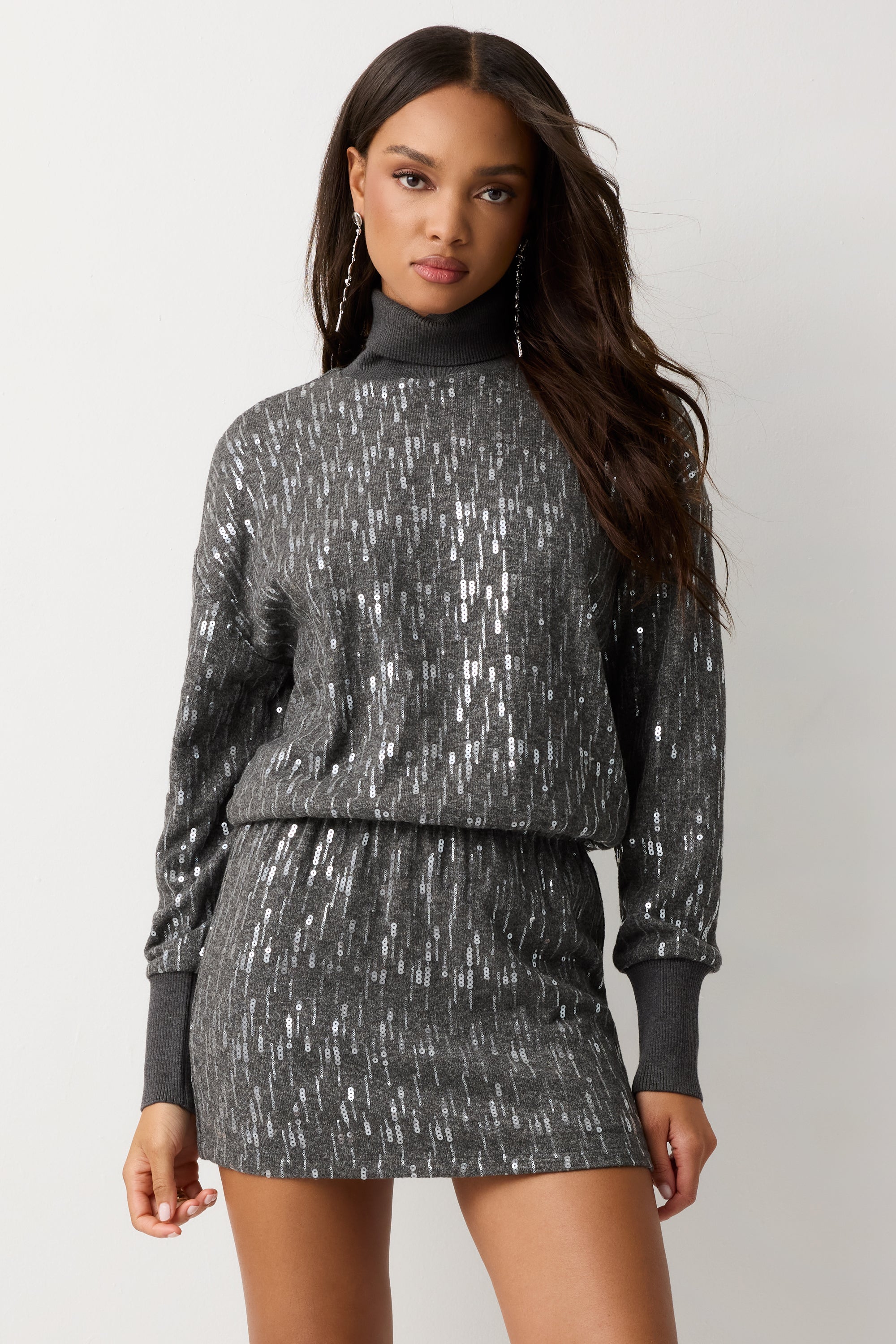 Soleil Sequin Knit Mini Dress in grey sequin | Ramy Brook