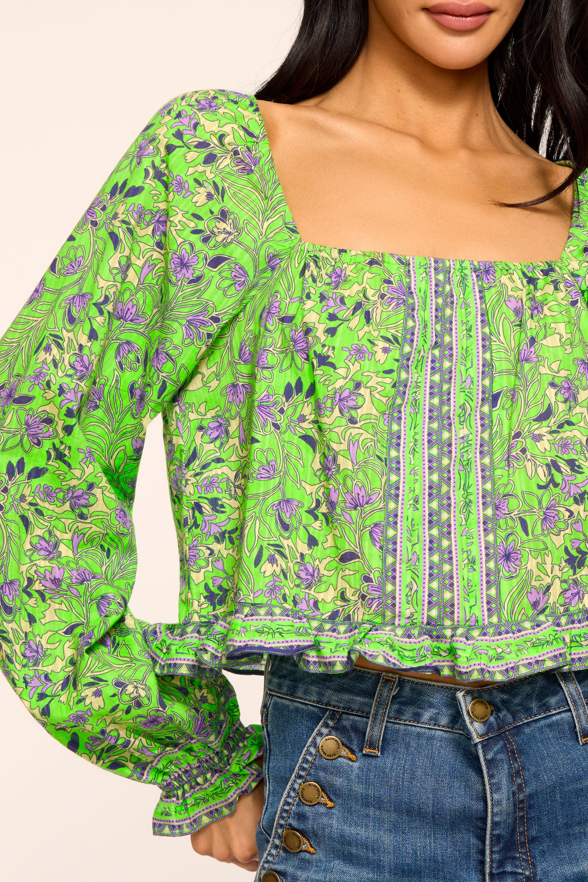 Farah Printed Cotton Long Sleeve Top in lime floral | Ramy Brook