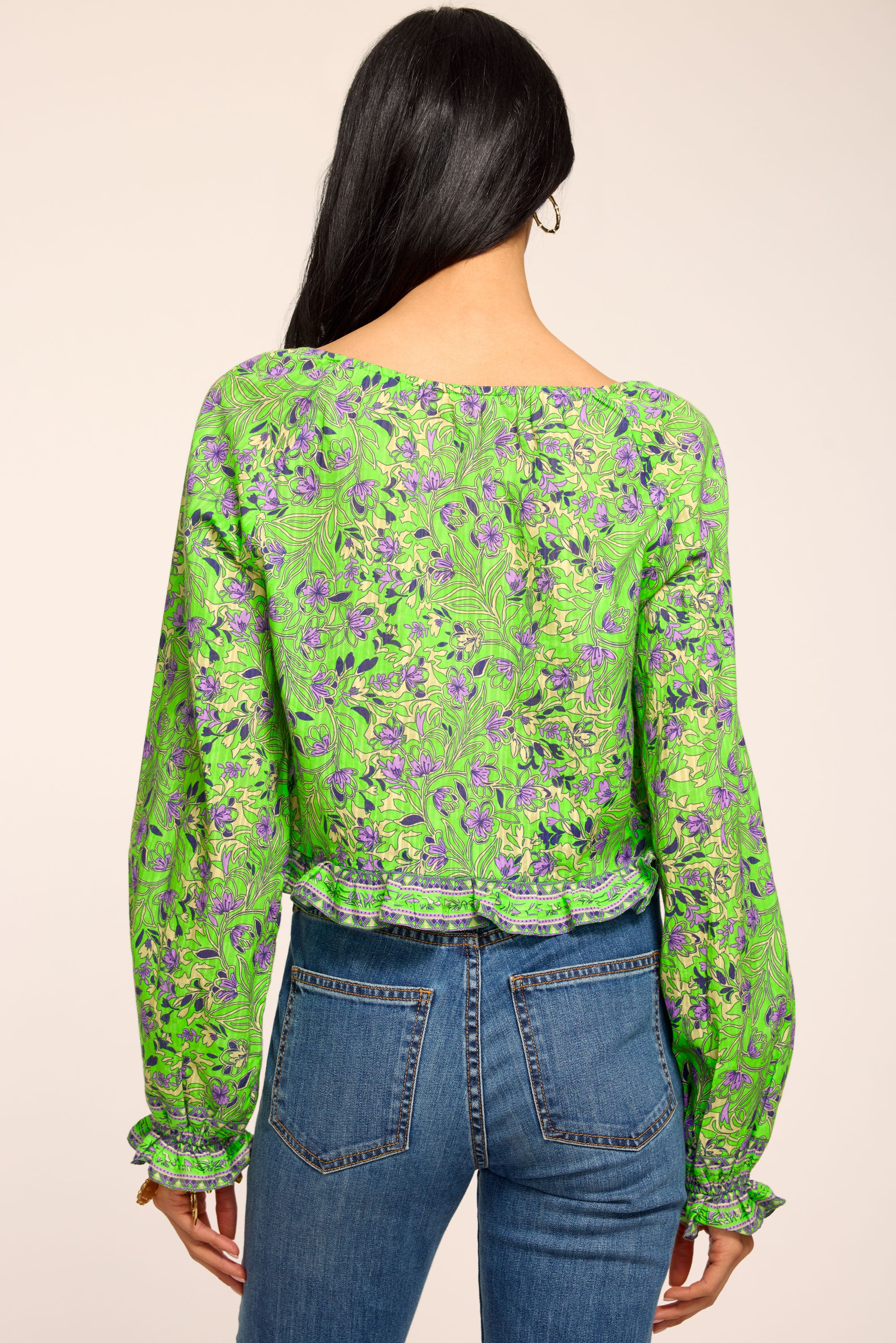 Farah Printed Cotton Long Sleeve Top in lime floral | Ramy Brook