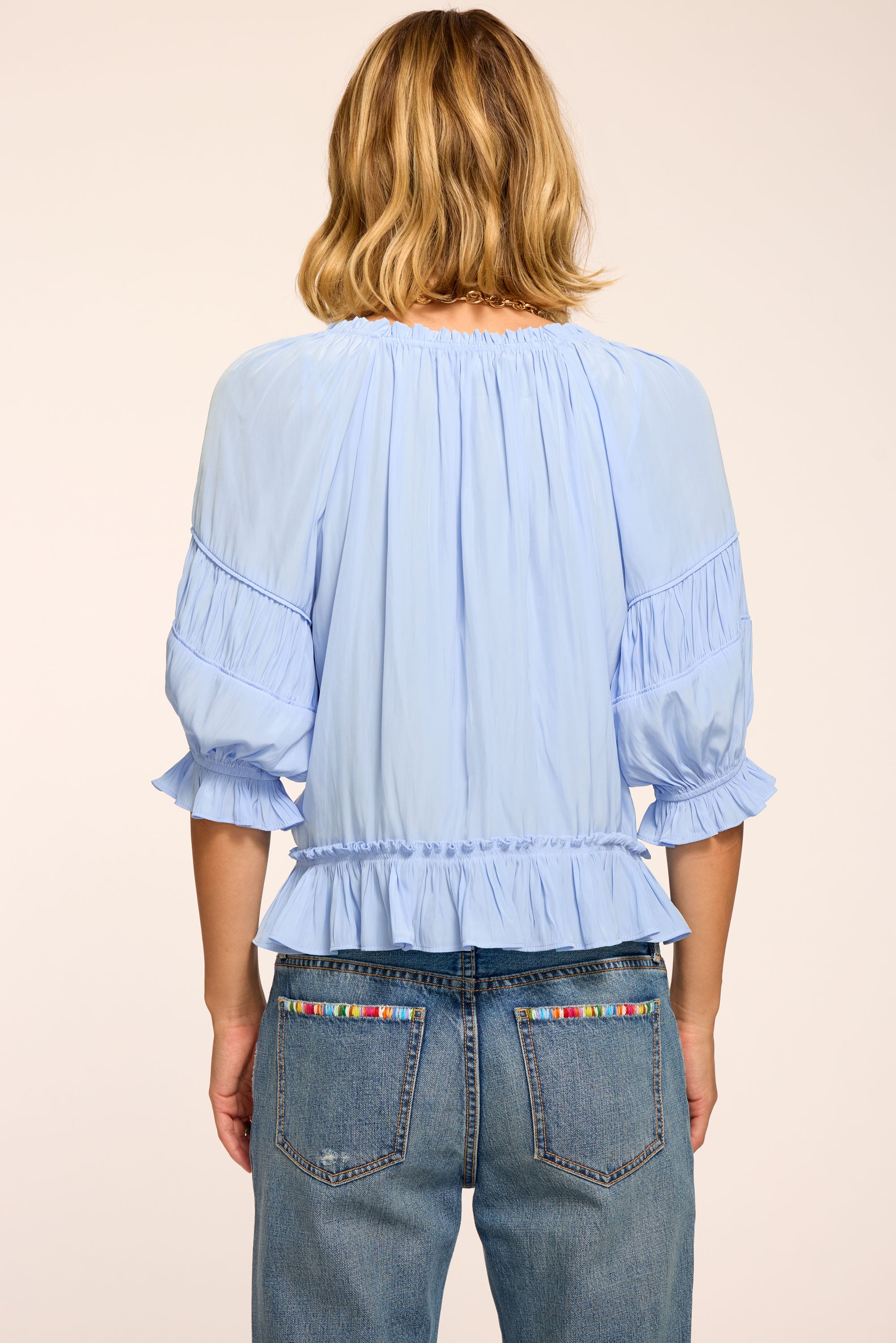 Natasha Ruched Square Neck Blouse in bazaar blue | Ramy Brook