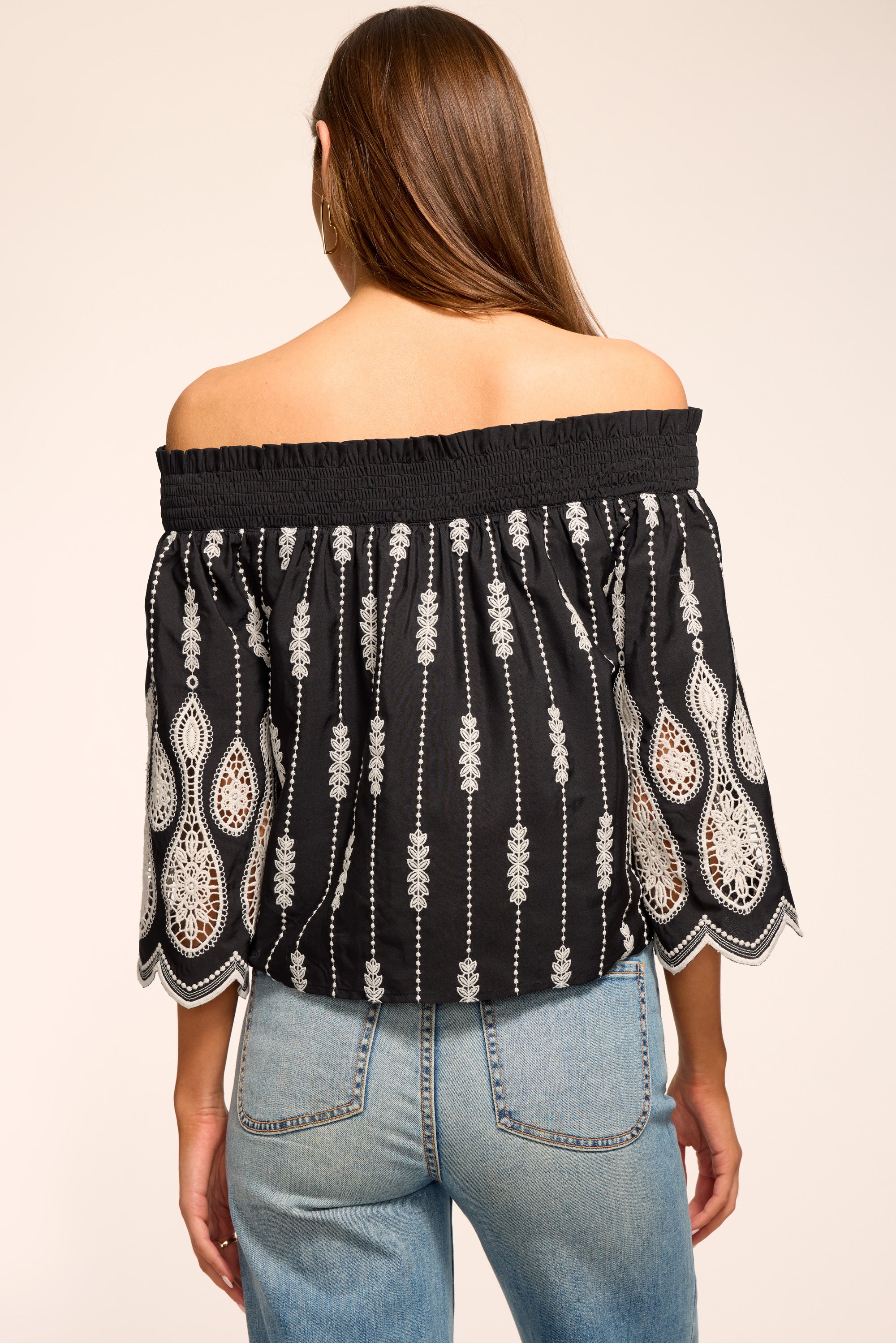 Rubie Embroidered Off-The-Shoulder Top in black lace | Ramy Brook