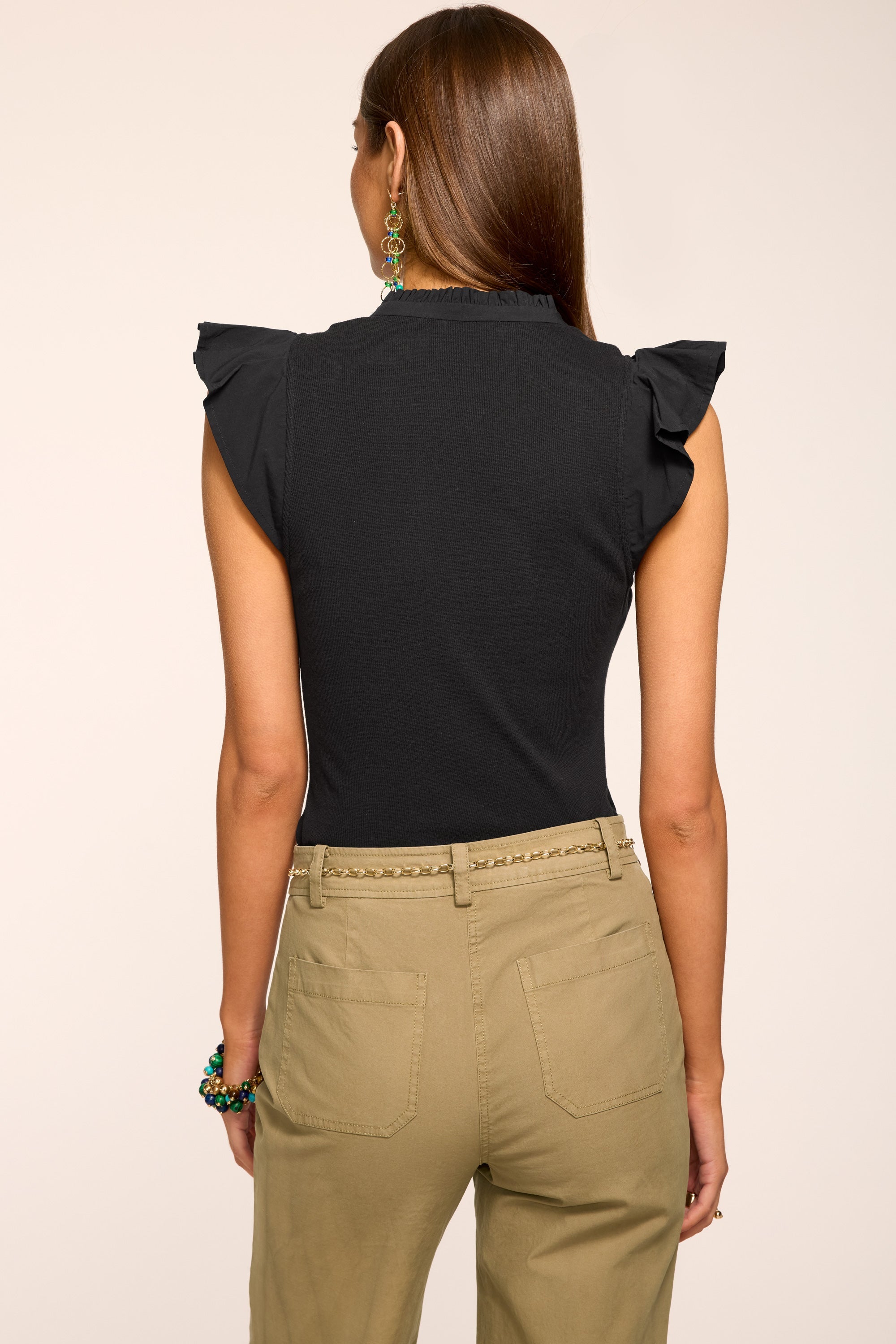 Monroe Cotton Knit Combo Flutter Sleeve Top in black | Ramy Brook