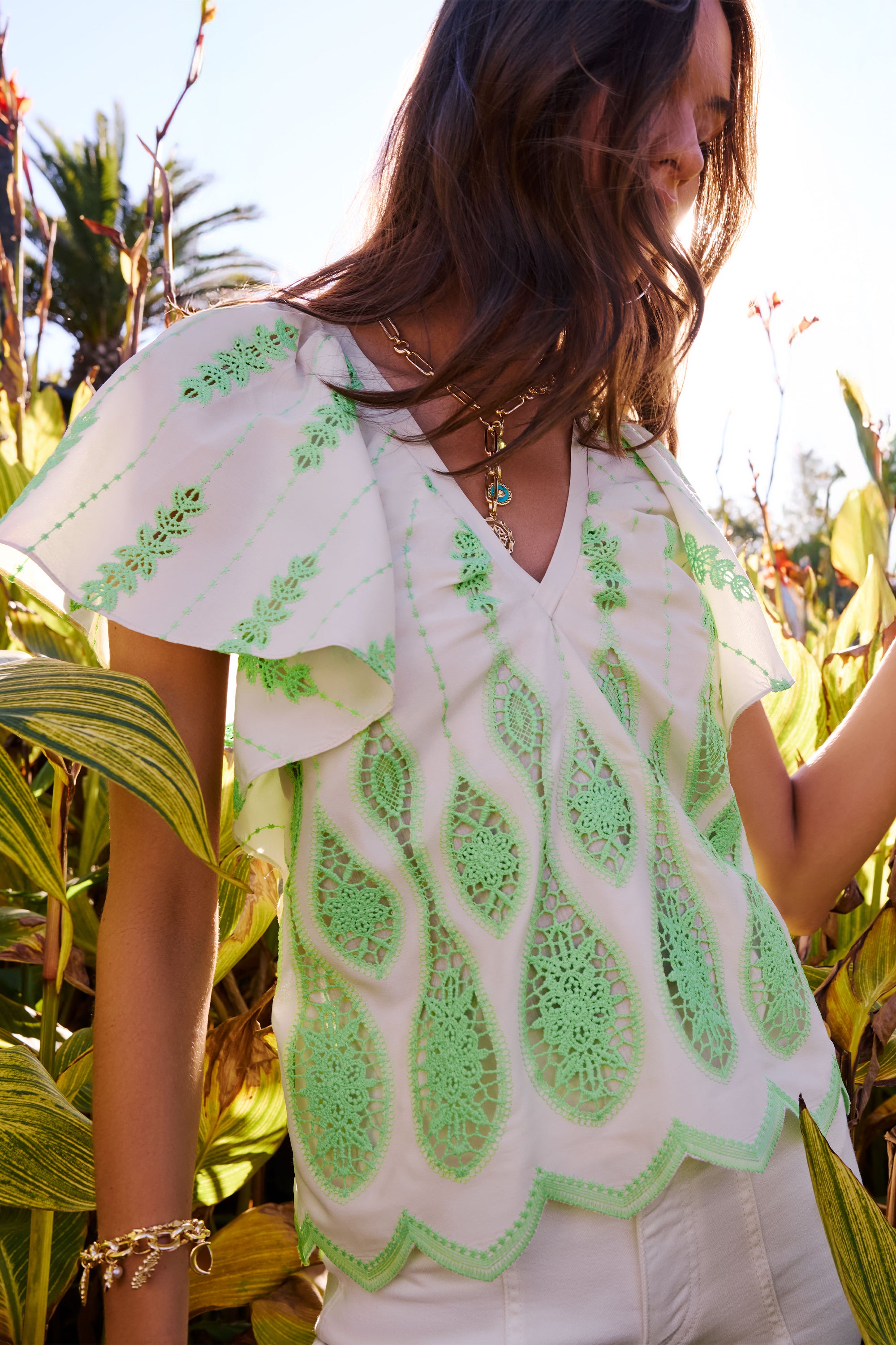Bettie Embroidered Short Sleeve Top in lime lace | Ramy Brook
