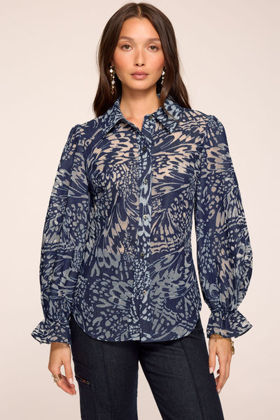 Joy Printed Long Sleeve Blouse in navy burnout | Ramy Brook