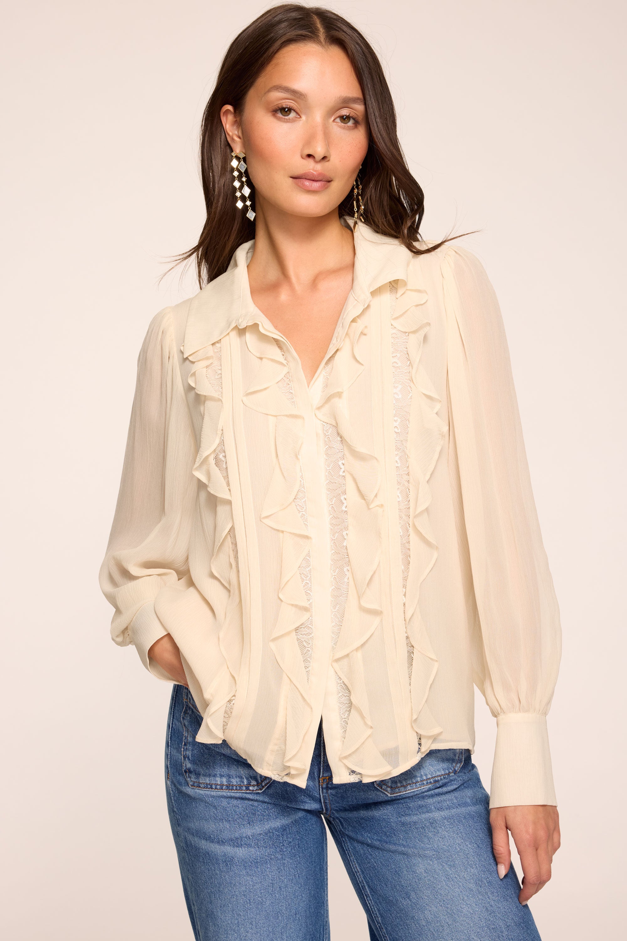 Claire Silk Ruffled Long Sleeve Blouse in bone | Ramy Brook