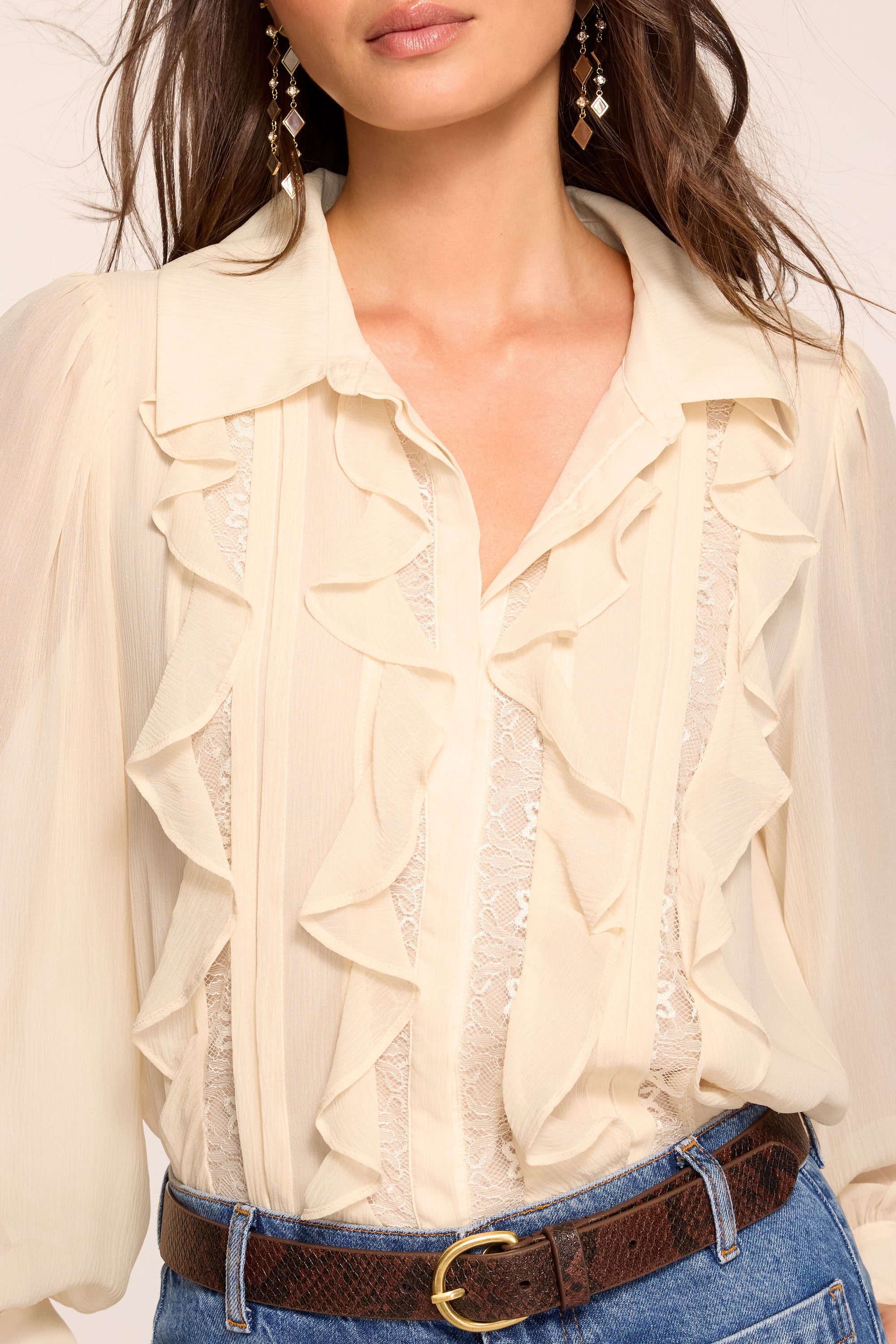 Claire Silk Ruffled Long Sleeve Blouse in bone | Ramy Brook
