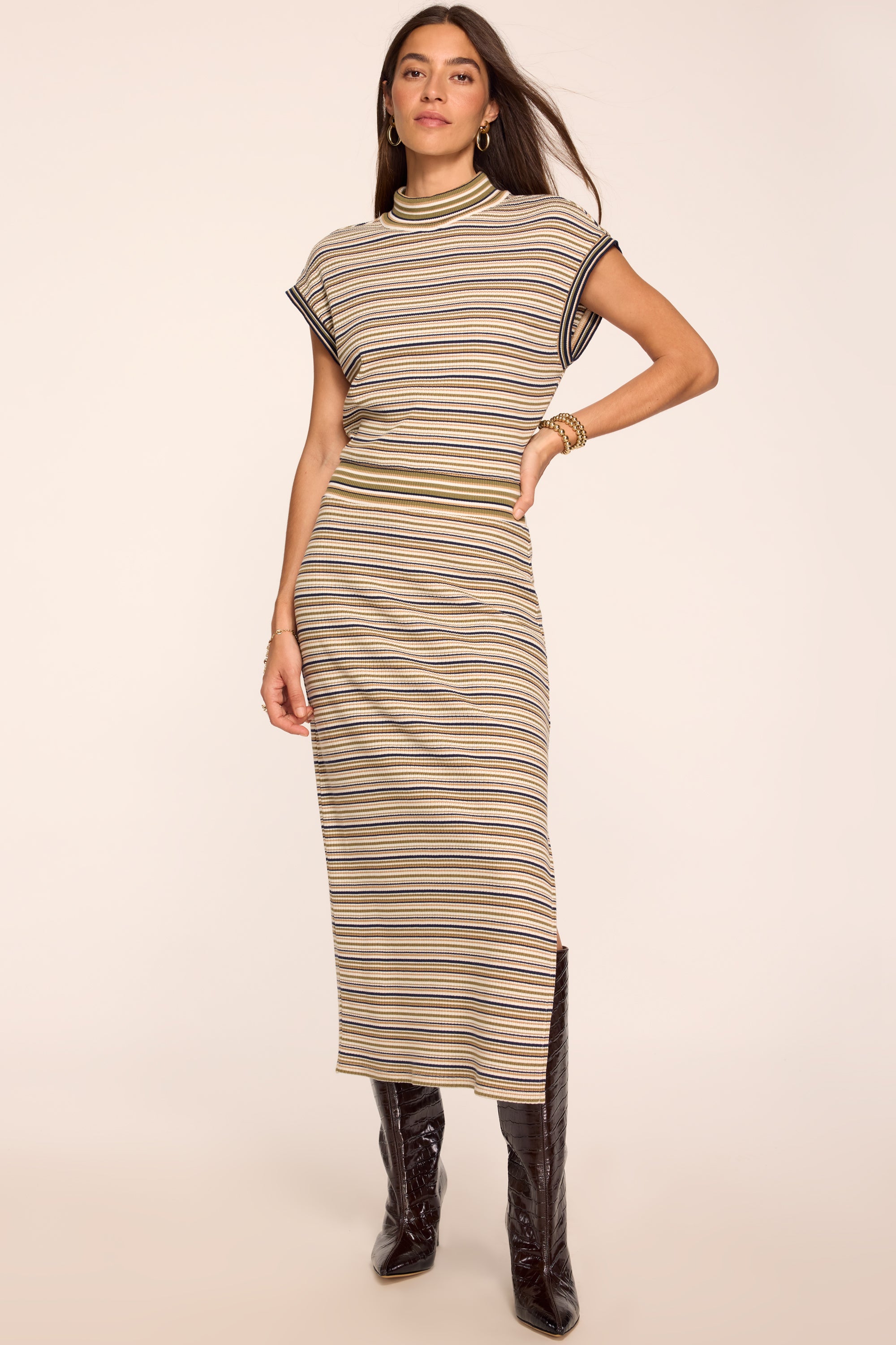 Natalie Striped Mock Neck Midi Dress in bone stripe | Ramy Brook