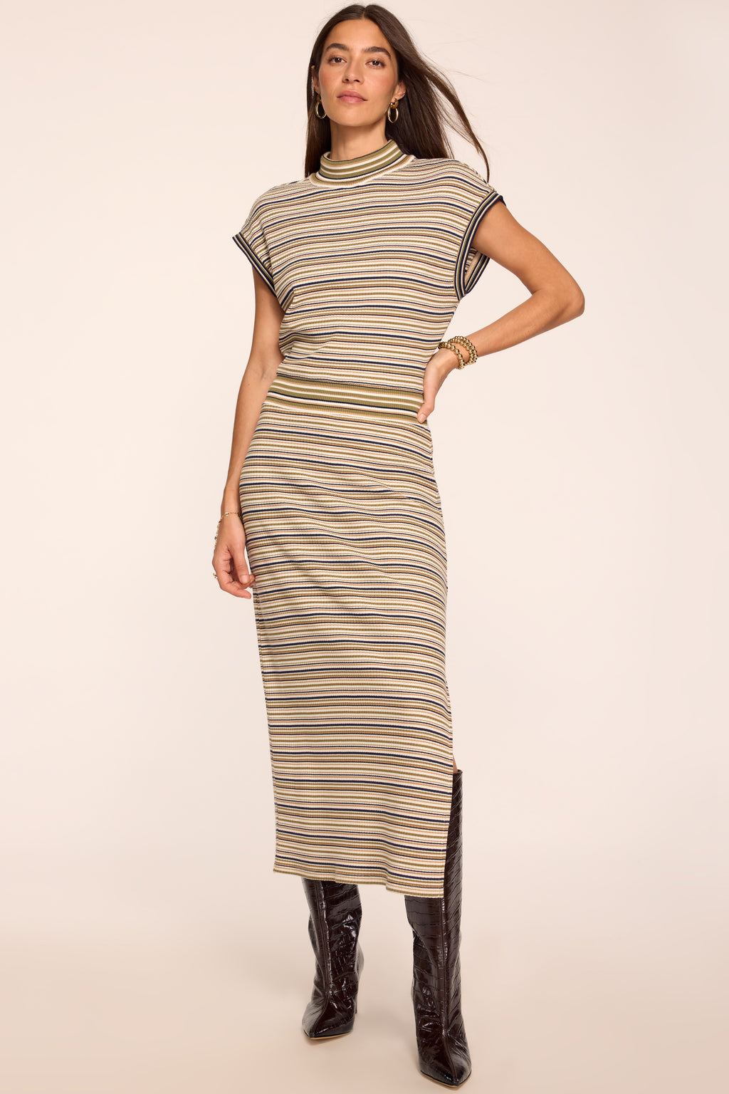 Ramy Brook Natalie Striped Mock Neck Midi Dress in Bone Stripe