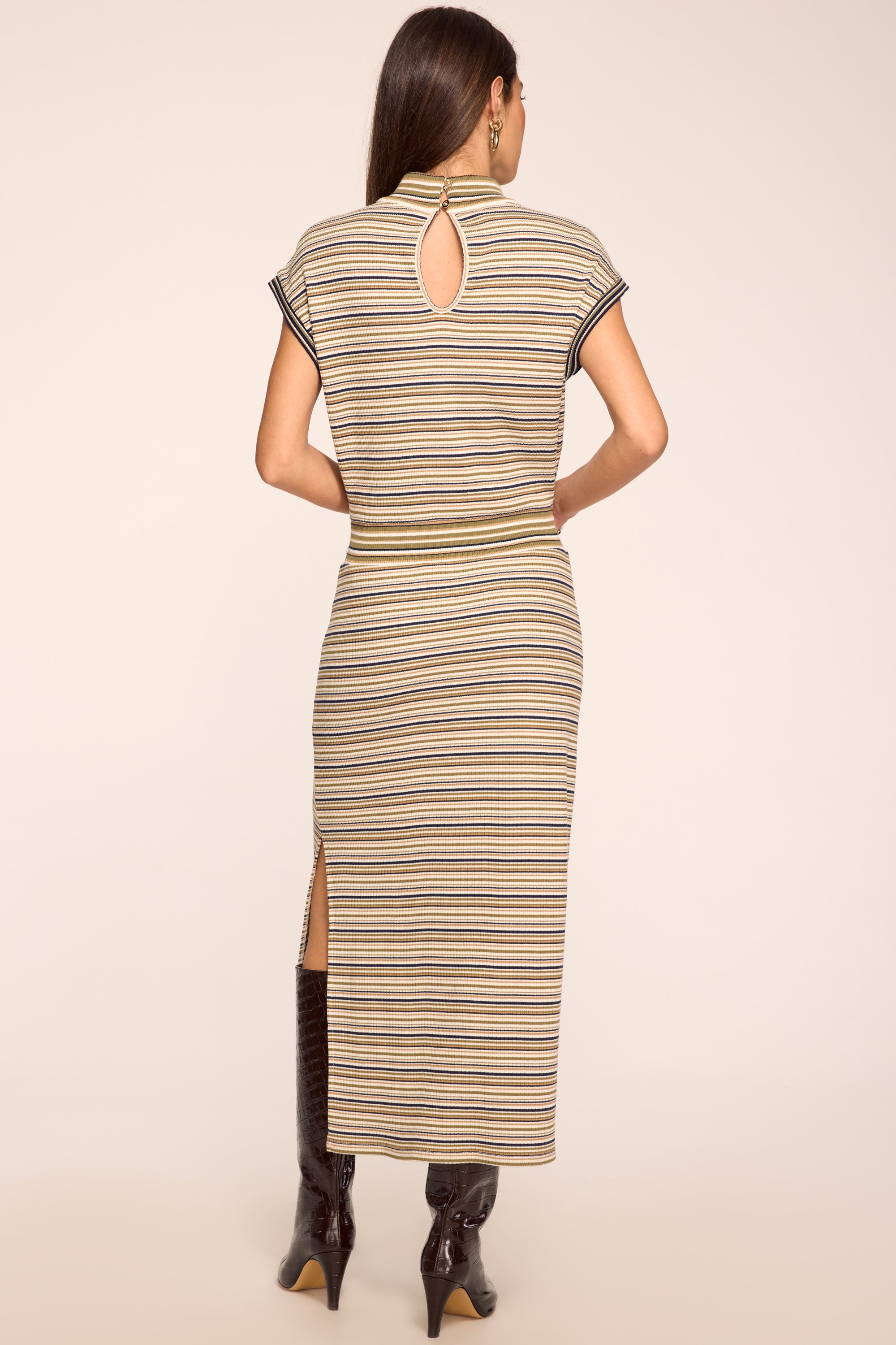 Natalie Striped Mock Neck Midi Dress in bone stripe | Ramy Brook
